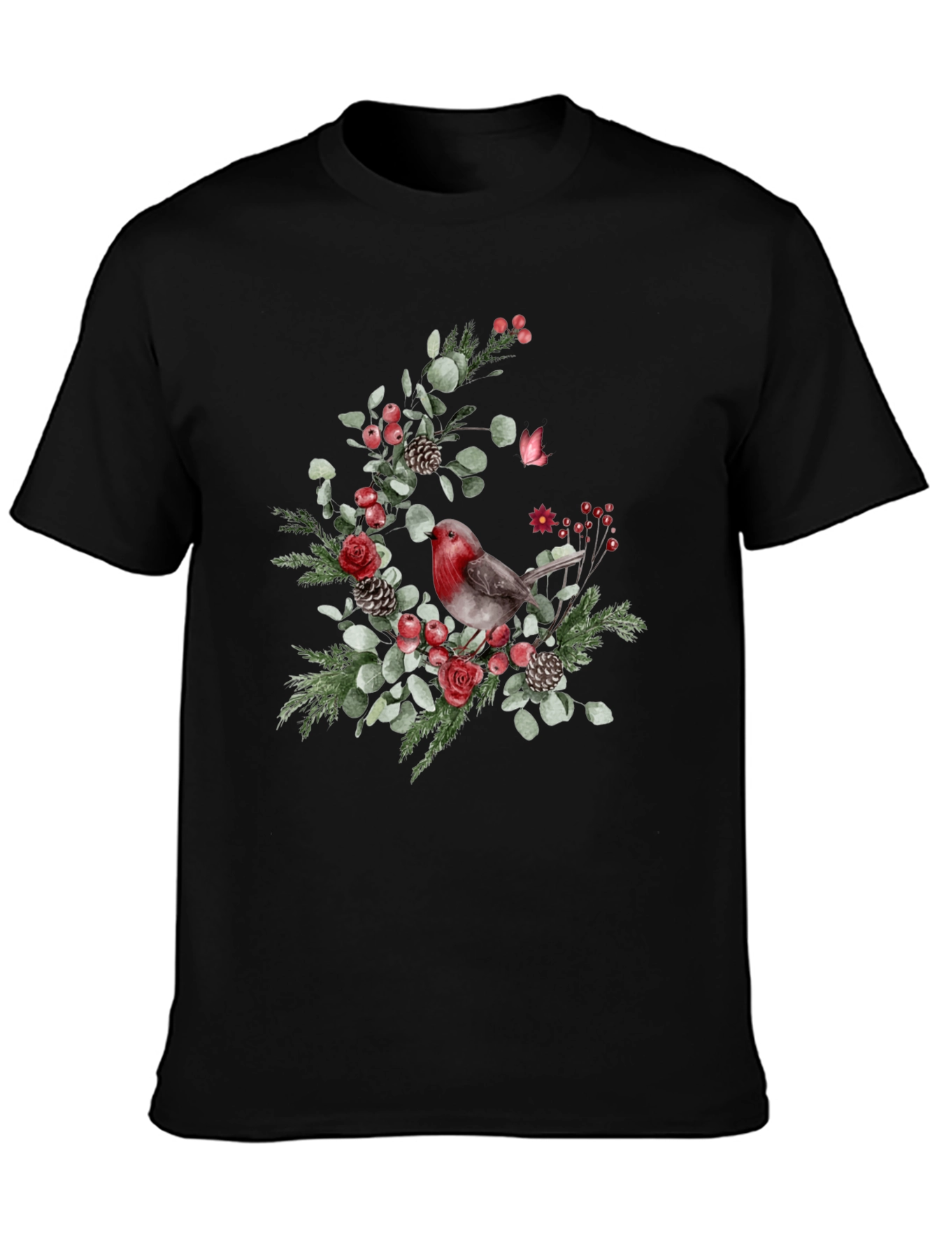 Festive Robin Floral Print Black T-Shirt