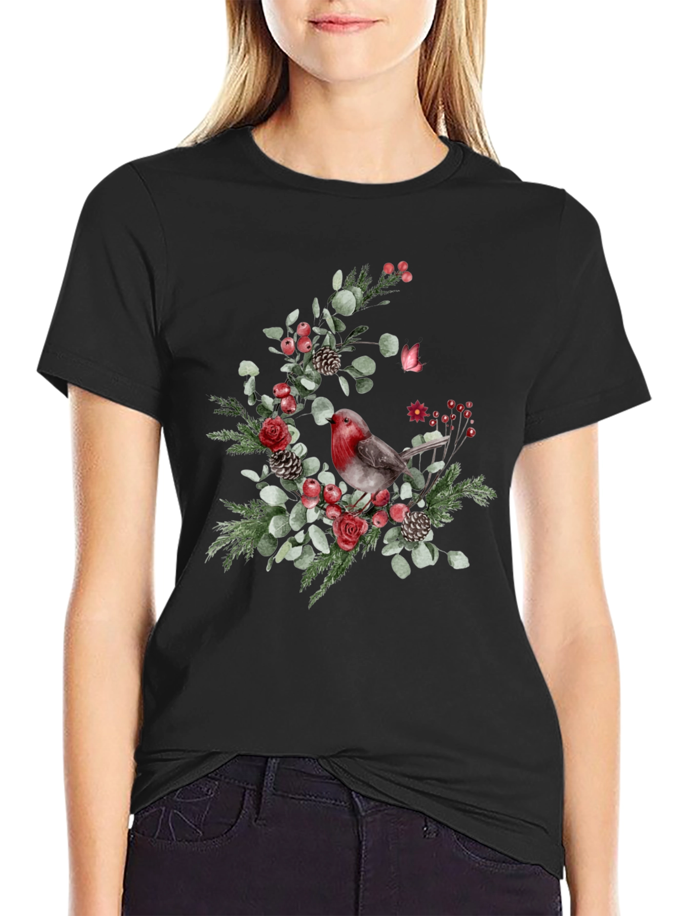Festive Robin Floral Print Black T-Shirt