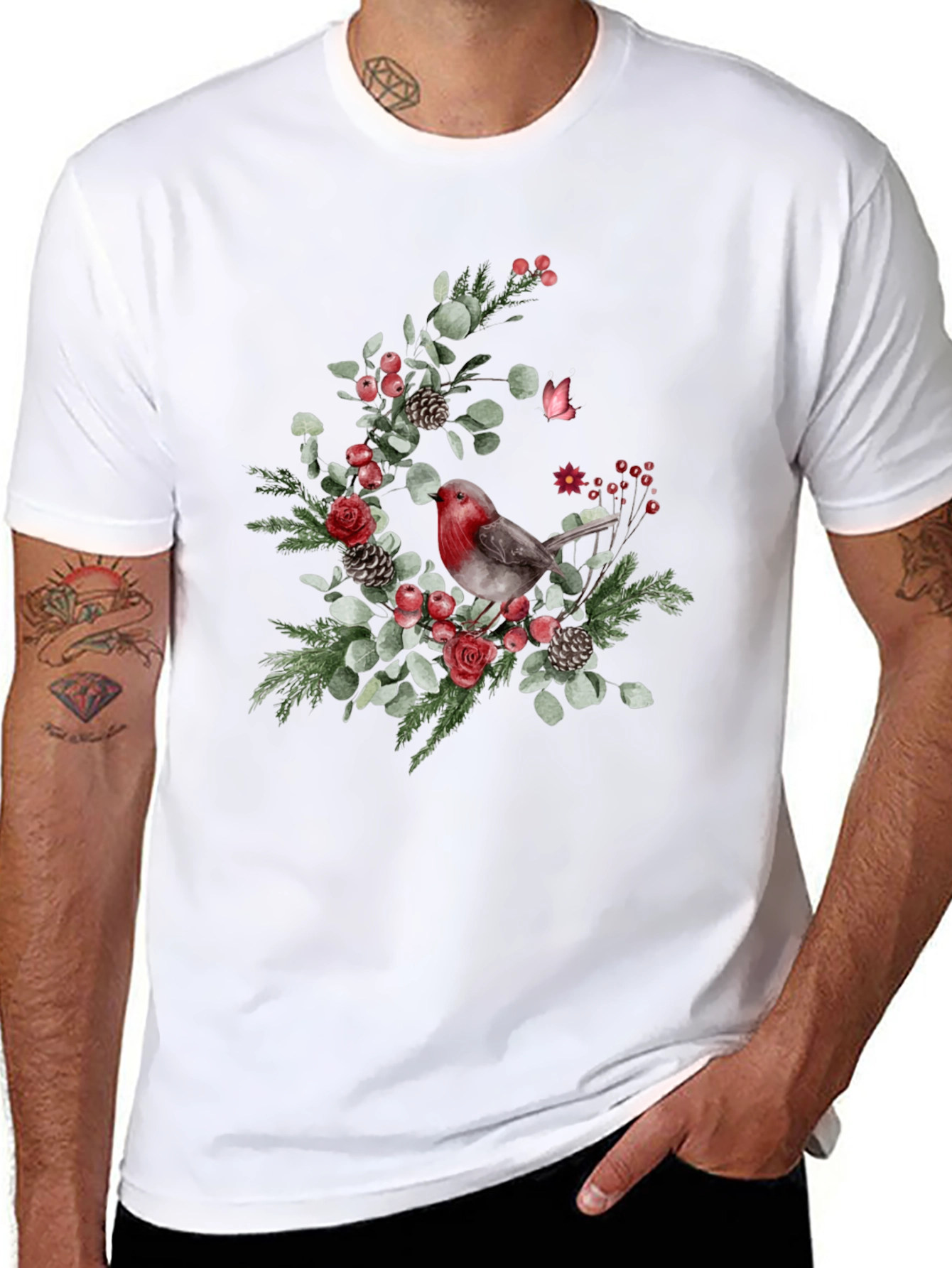 Festive Robin Floral Print Black T-Shirt
