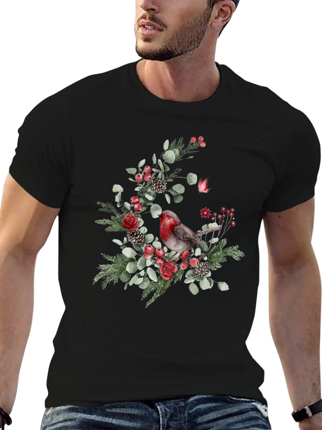 Festive Robin Floral Print Black T-Shirt