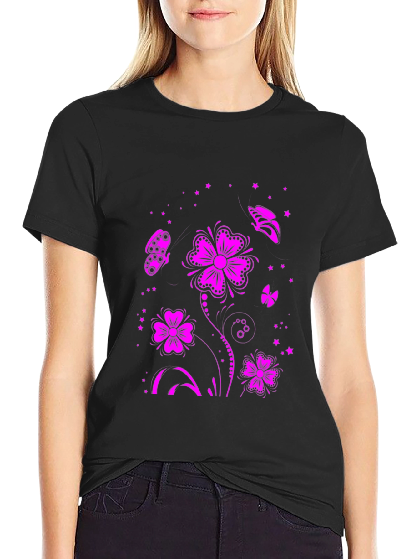 Floral Butterfly Graphic Tee - Black