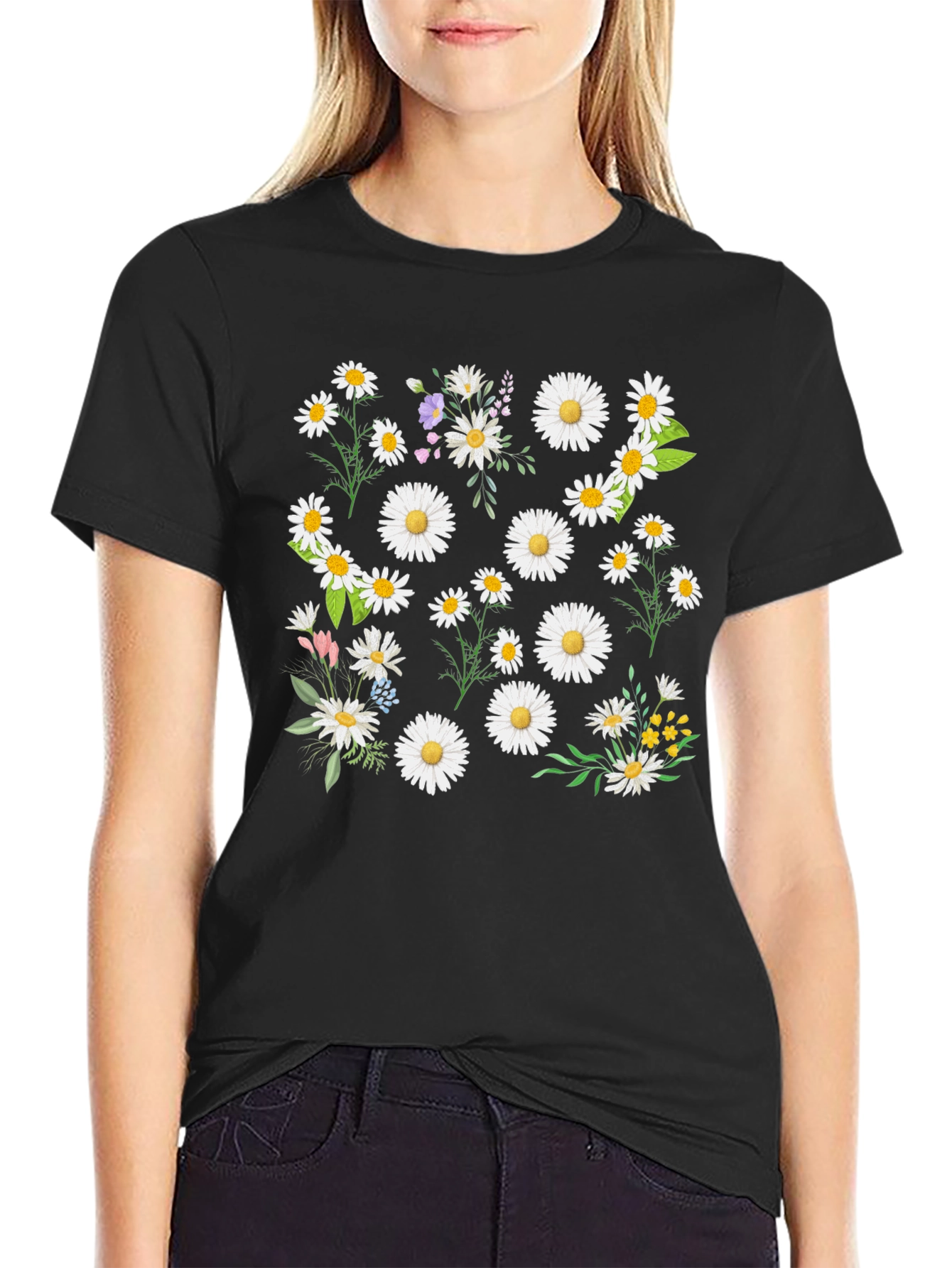 Daisy Print Black Tee