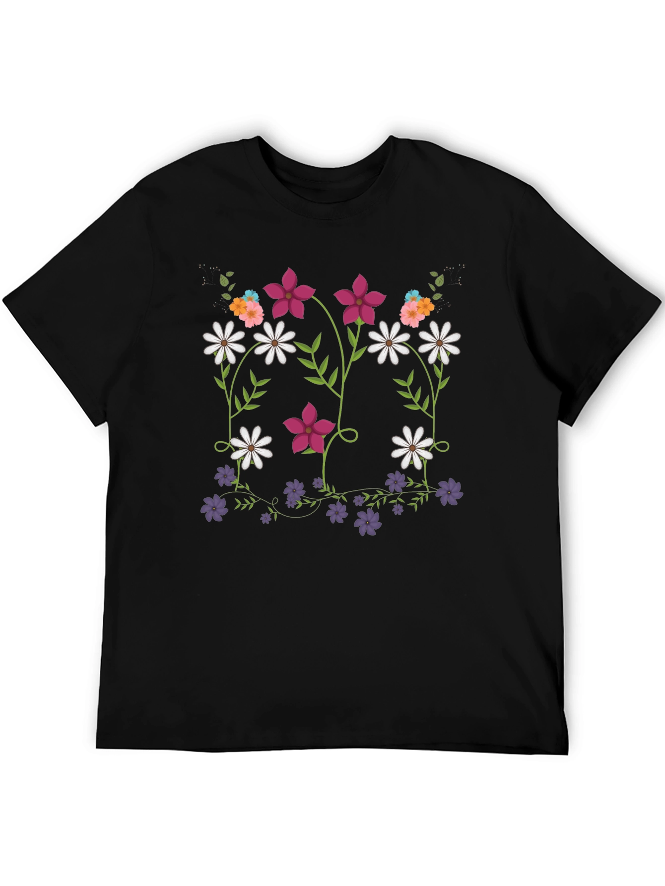 Floral Print Mens Black T-Shirt