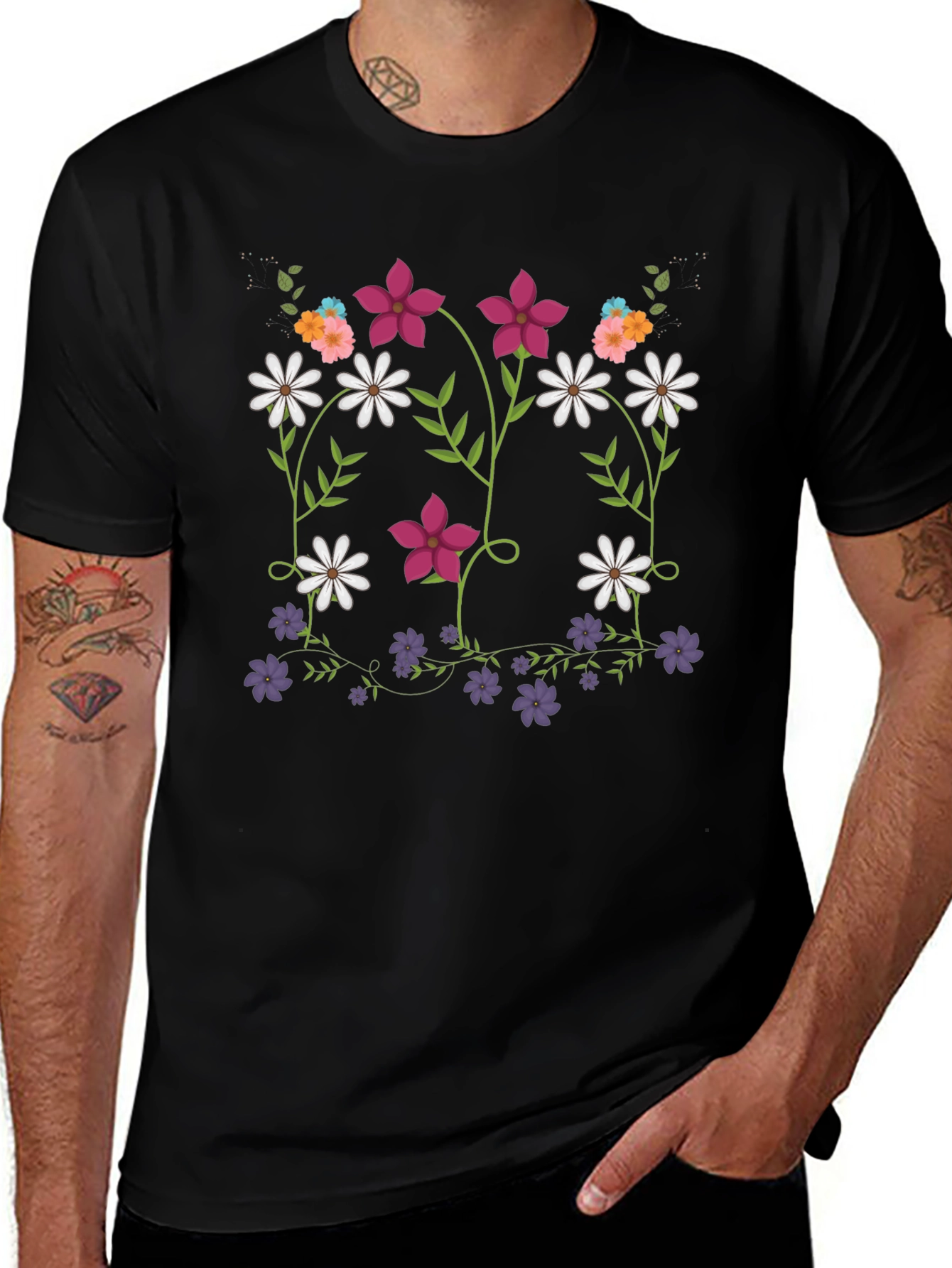 Floral Print Mens Black T-Shirt