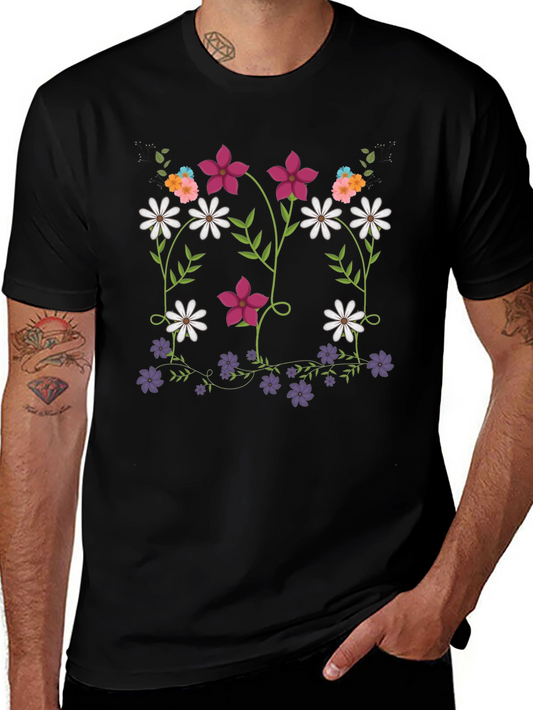 Floral Print Mens Black T-Shirt