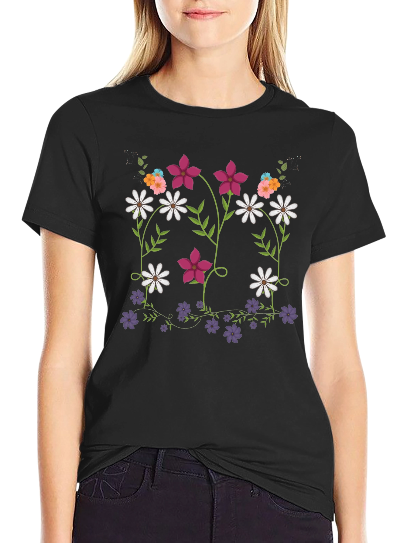Floral Print Mens Black T-Shirt