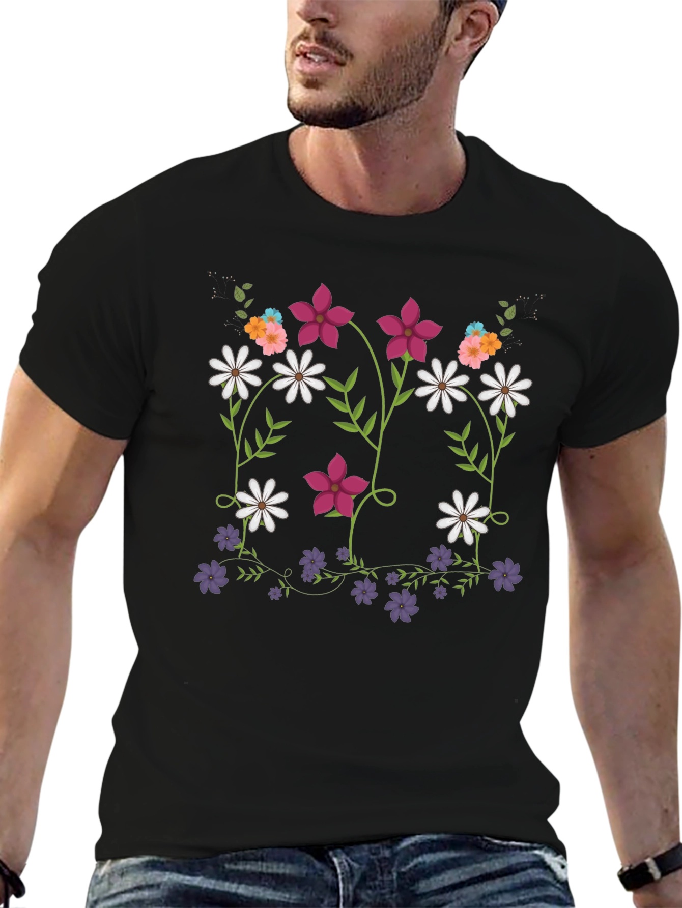 Floral Print Mens Black T-Shirt