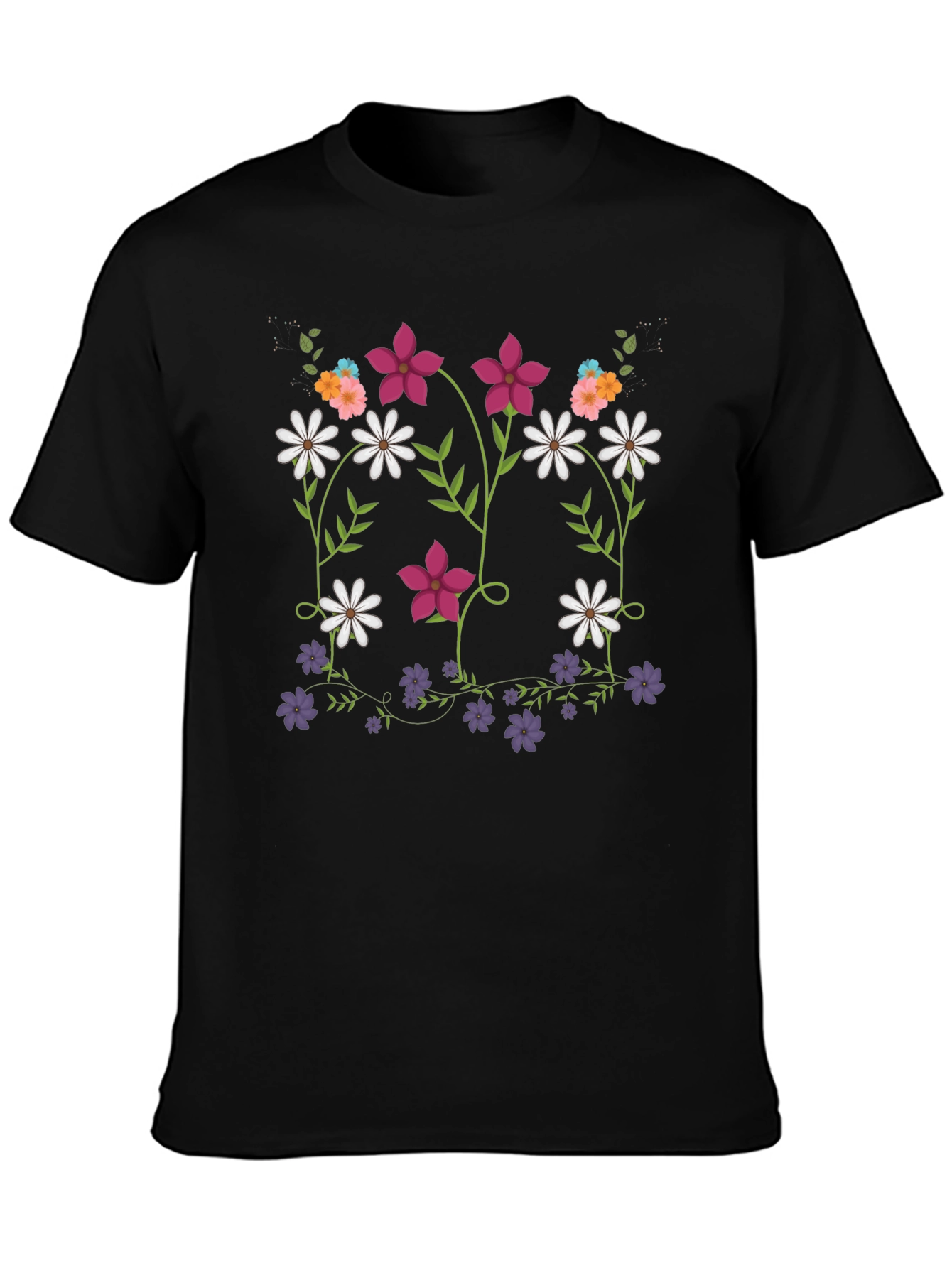 Floral Print Mens Black T-Shirt