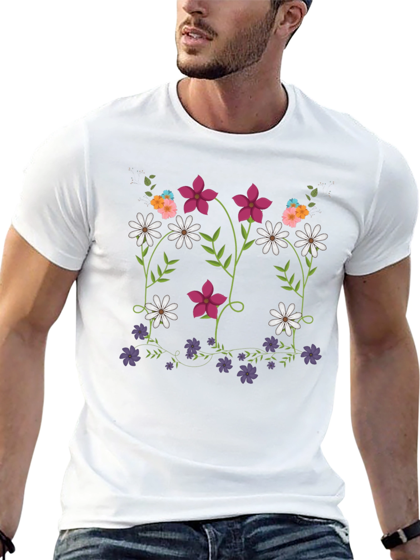 Floral Print Mens Black T-Shirt