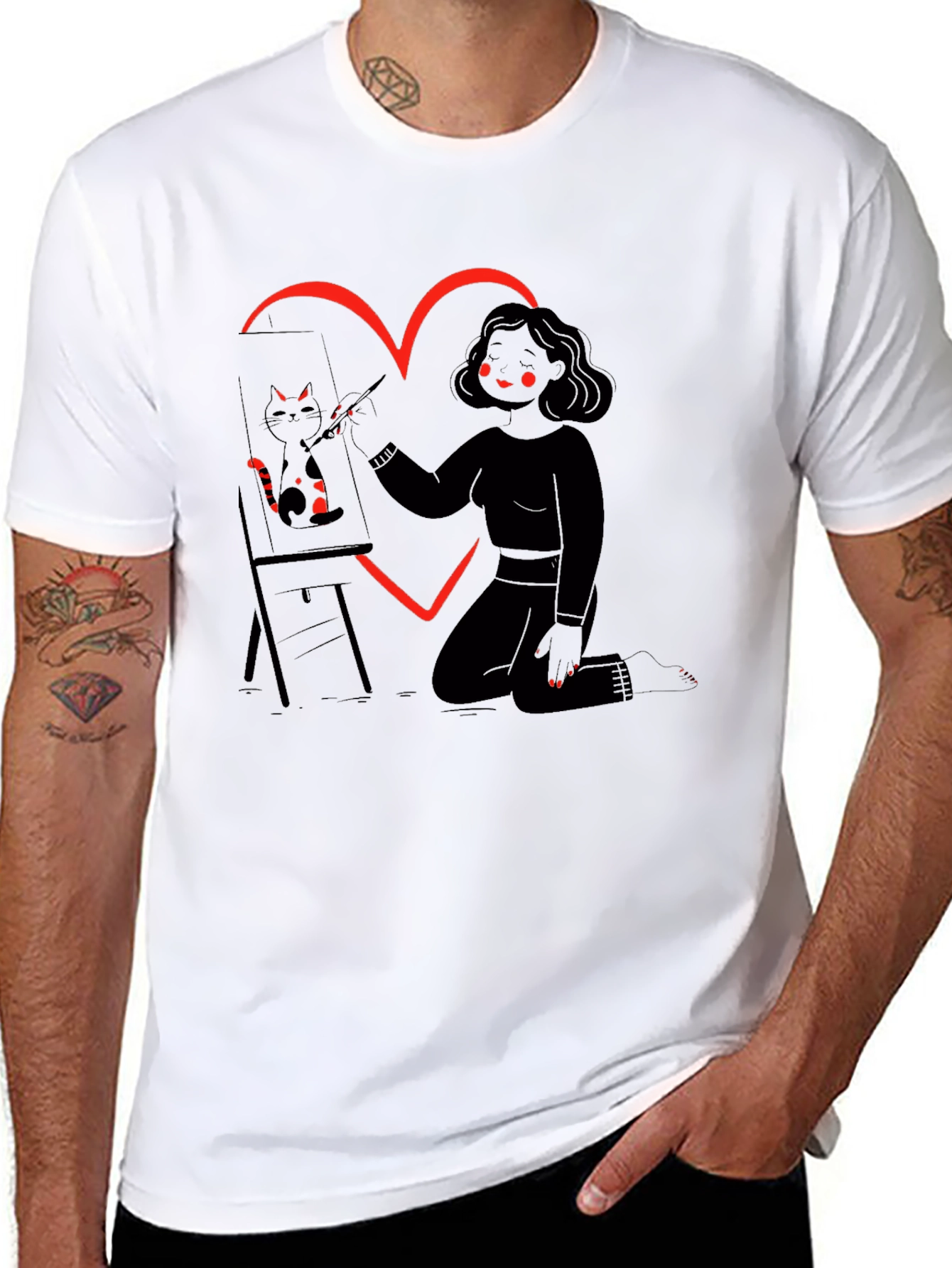 Cat Artist T-Shirt Heart Graphic Tee