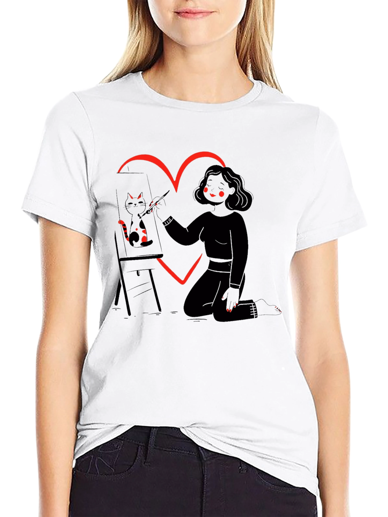 Cat Artist T-Shirt Heart Graphic Tee