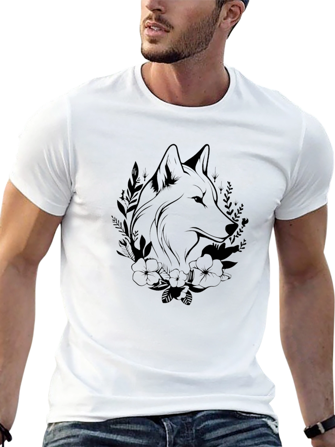 Wolf & Floral Graphic Black T-Shirt