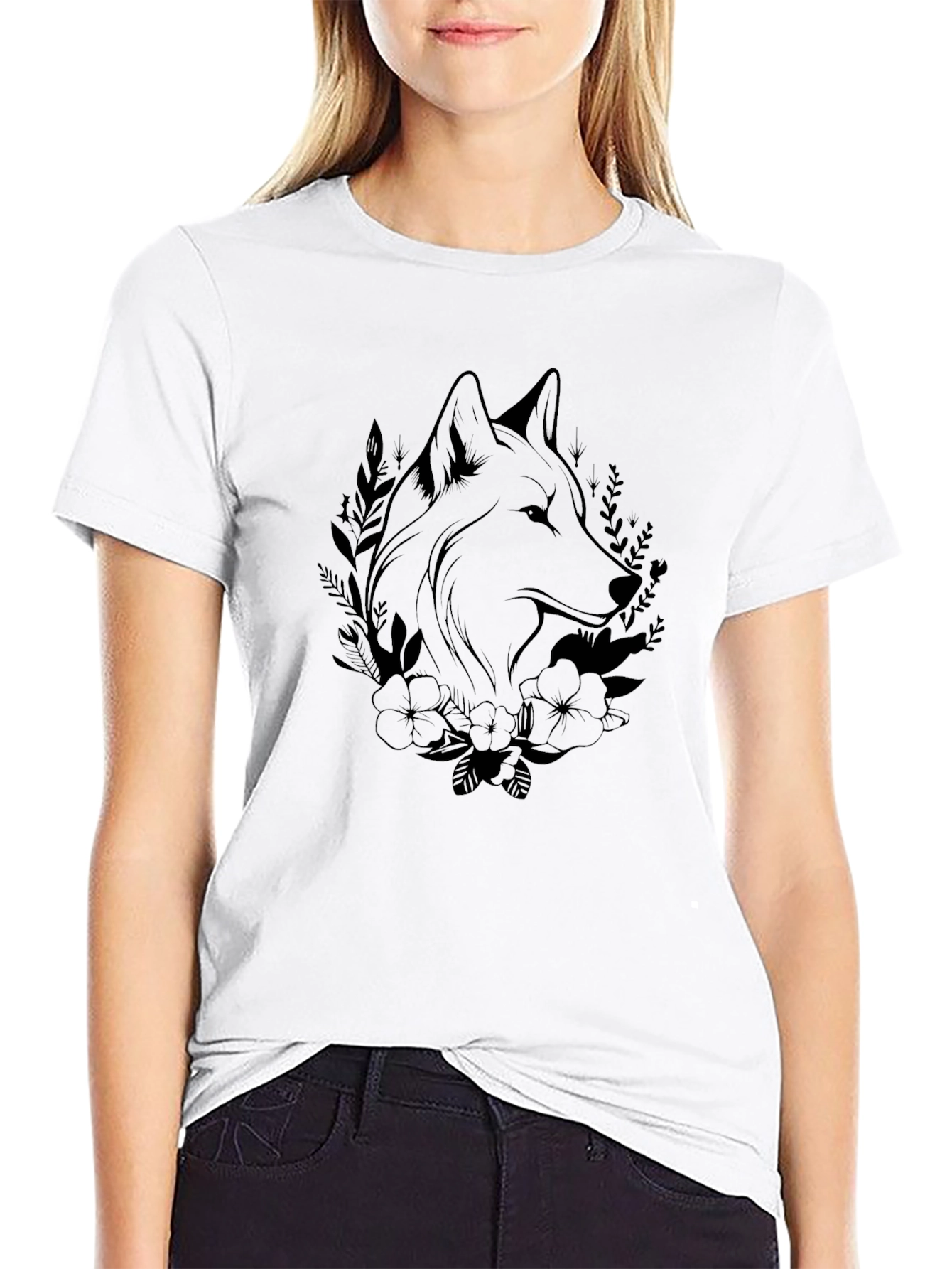 Wolf & Floral Graphic Black T-Shirt