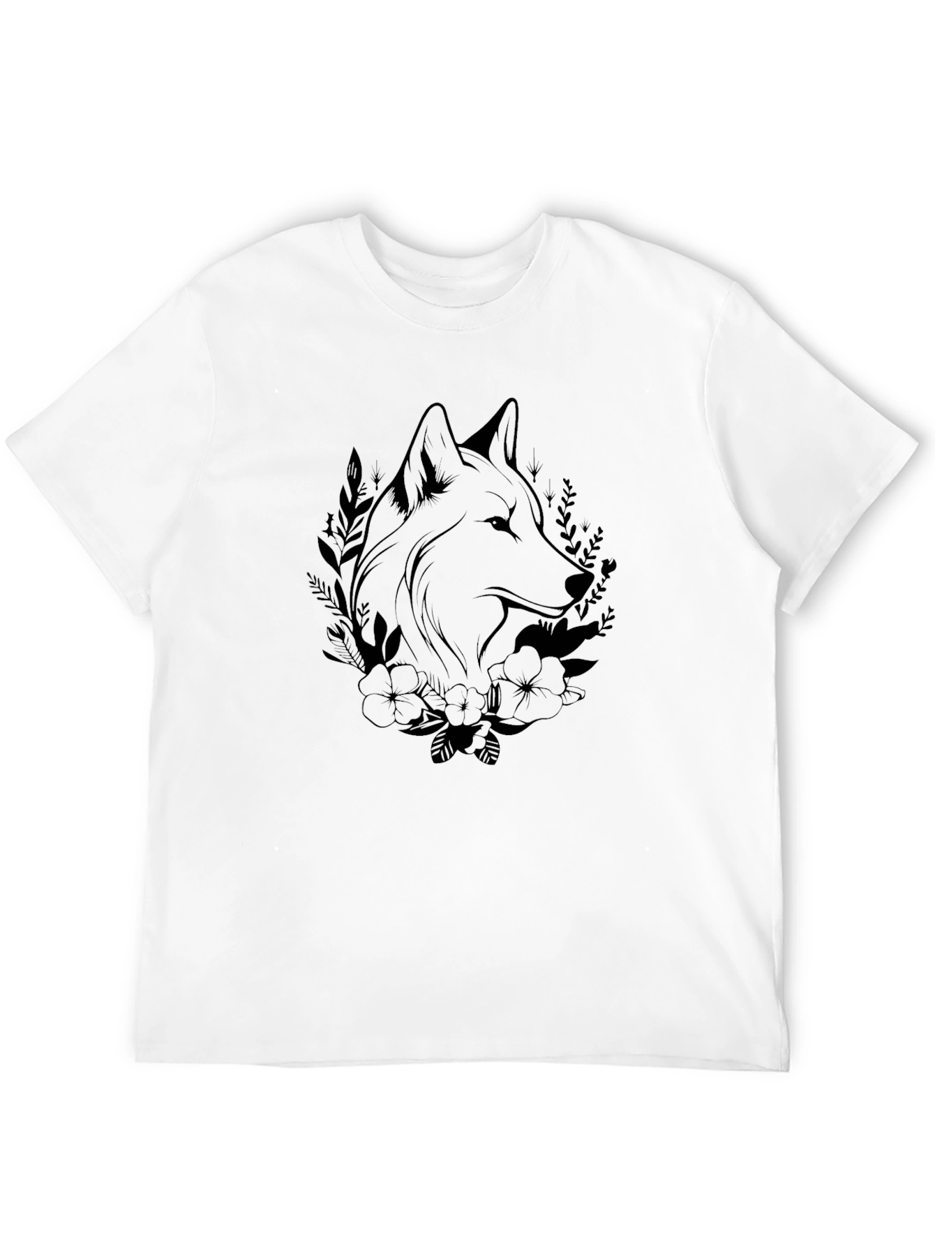 Wolf & Floral Graphic Black T-Shirt