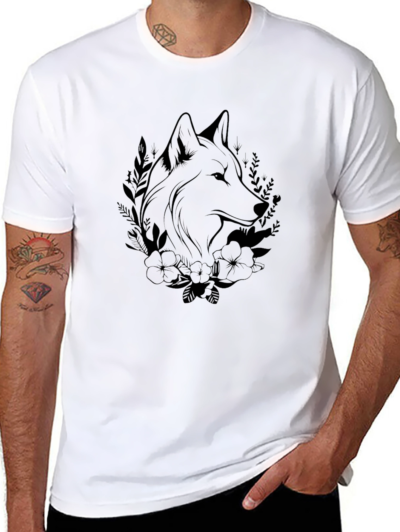 Wolf & Floral Graphic Black T-Shirt