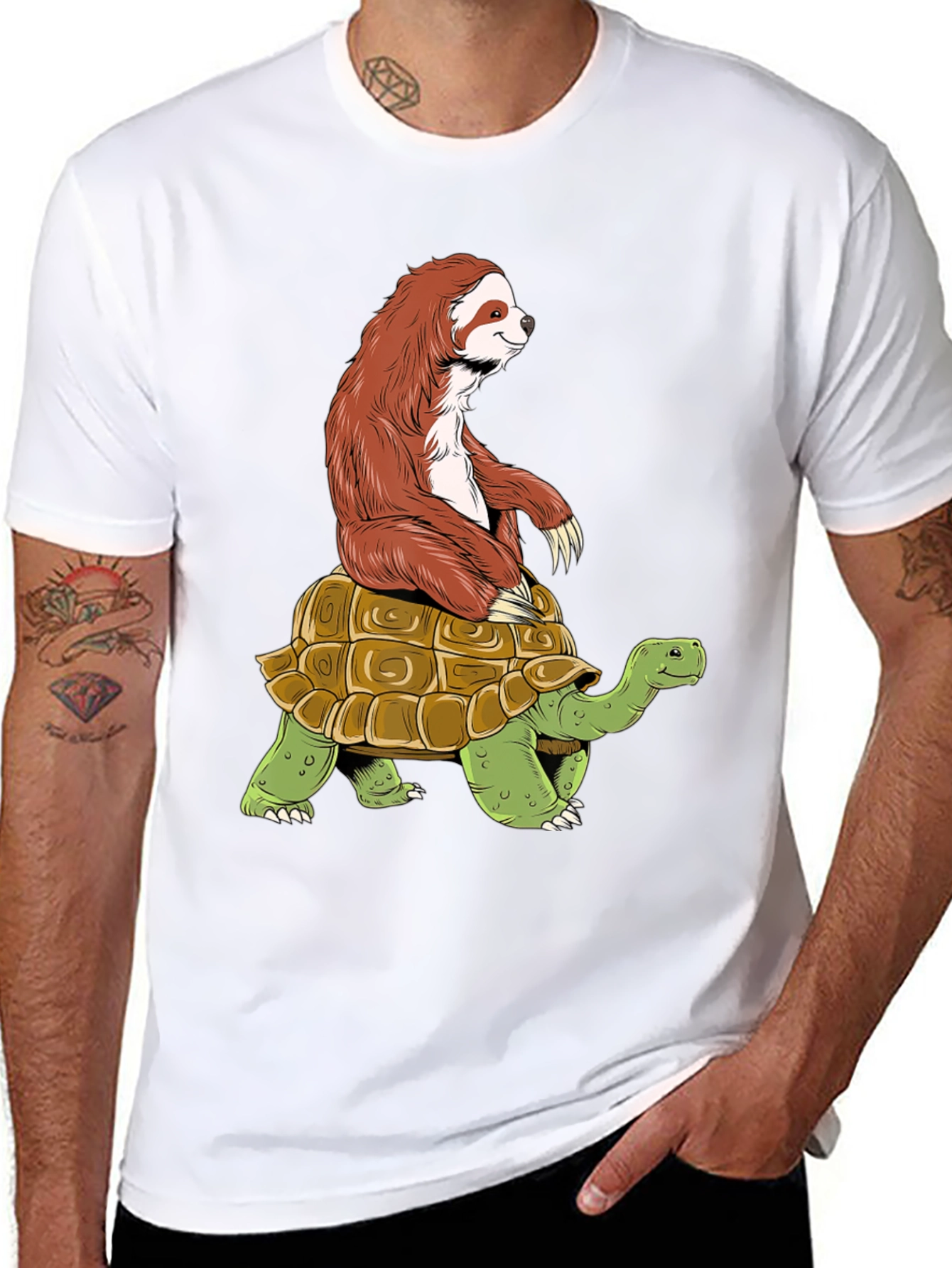 Sloth Riding Turtle Graphic Tee - Funny Animal Shirt