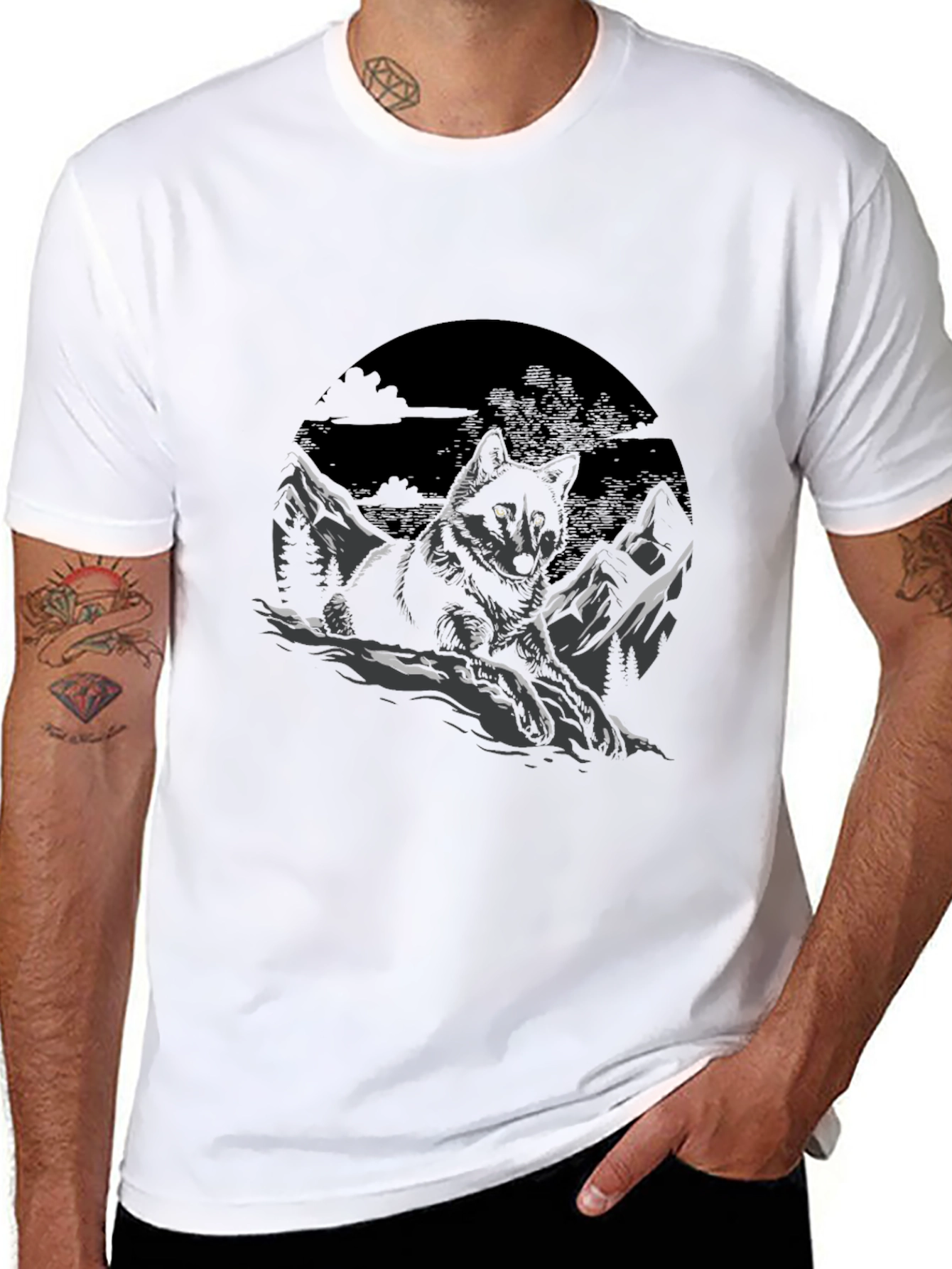 Black Wolf Graphic Tee - Mountain Scene