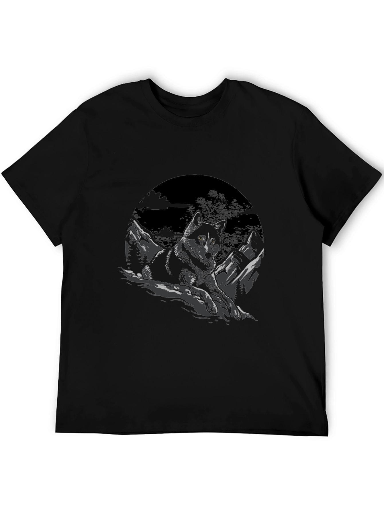 Black Wolf Graphic Tee - Mountain Scene