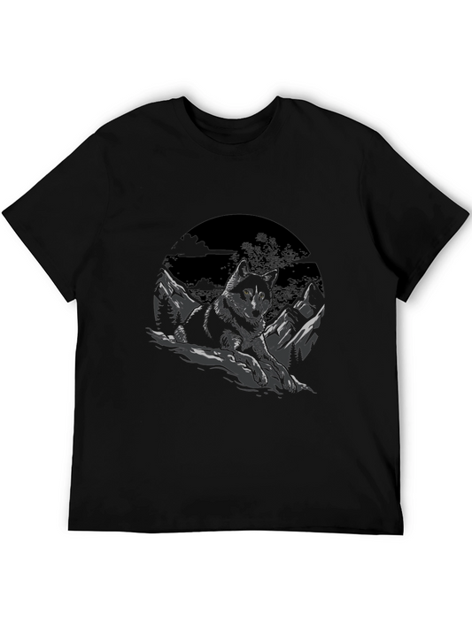 Black Wolf Graphic Tee - Mountain Scene