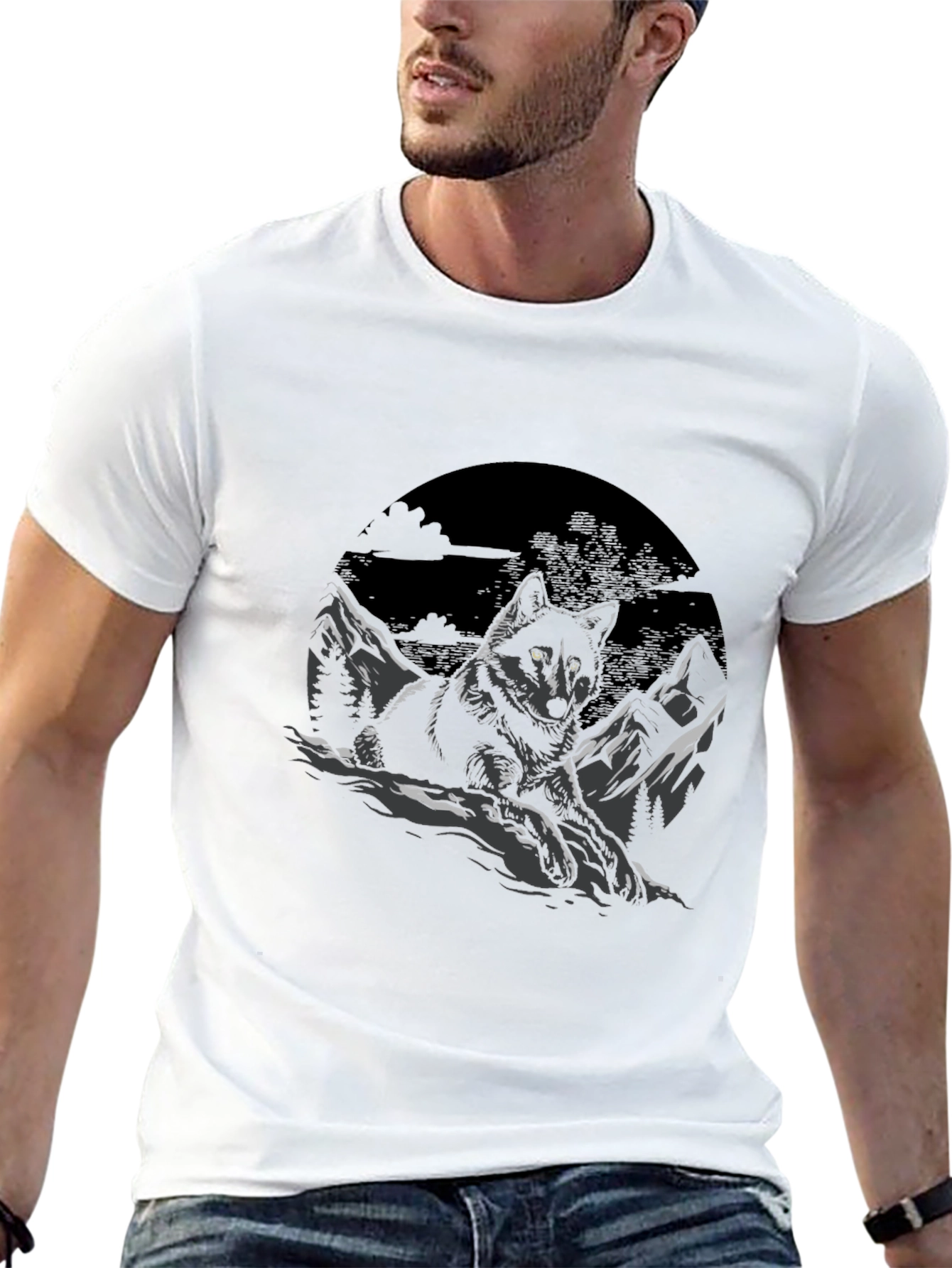 Black Wolf Graphic Tee - Mountain Scene
