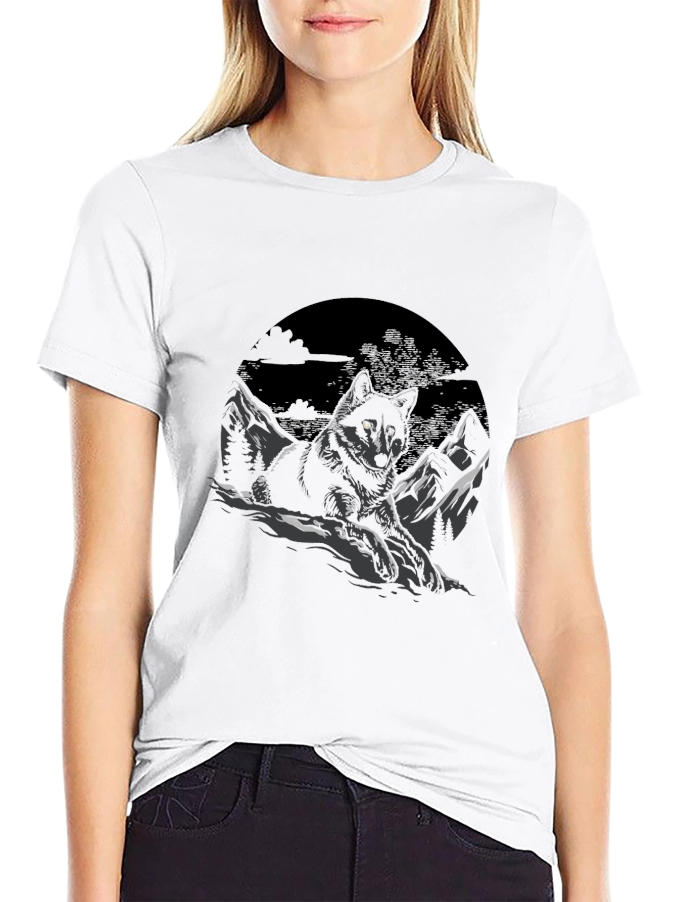 Black Wolf Graphic Tee - Mountain Scene