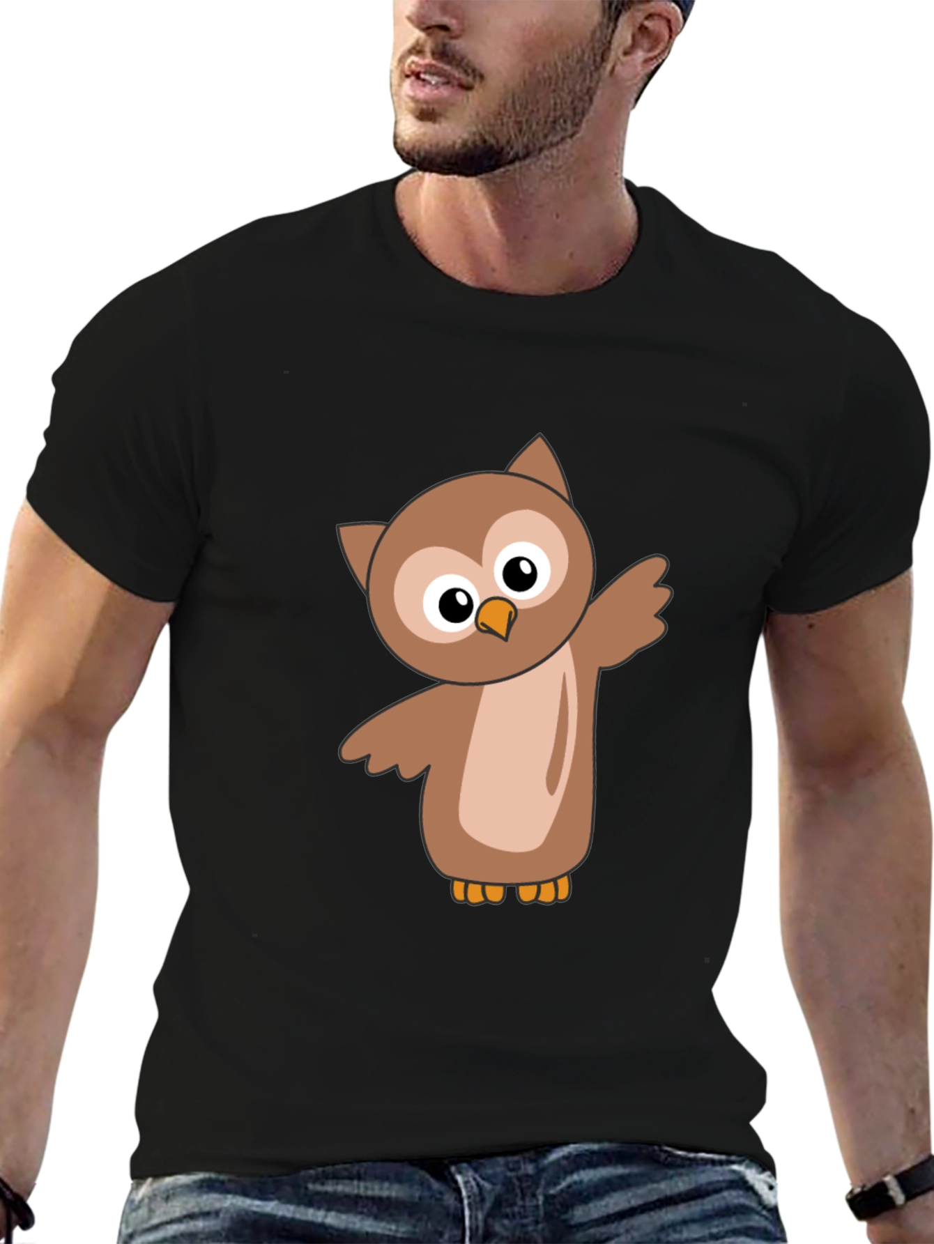 Cute Cartoon Owl Black T-Shirt