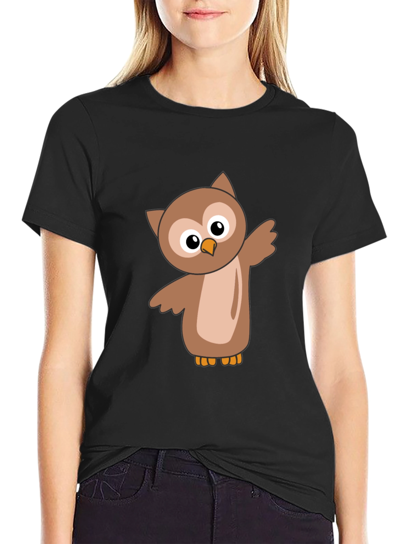 Cute Cartoon Owl Black T-Shirt