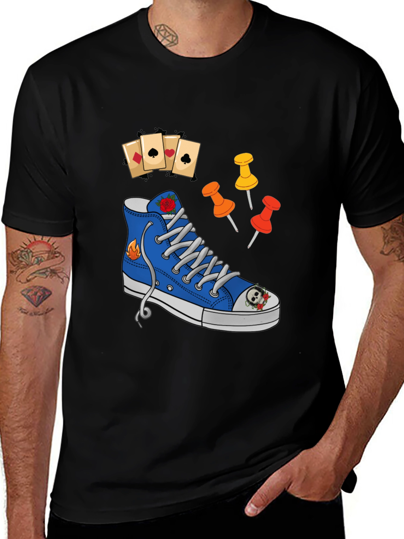 Graphic T-Shirt with Shoe and Playing Cards Design