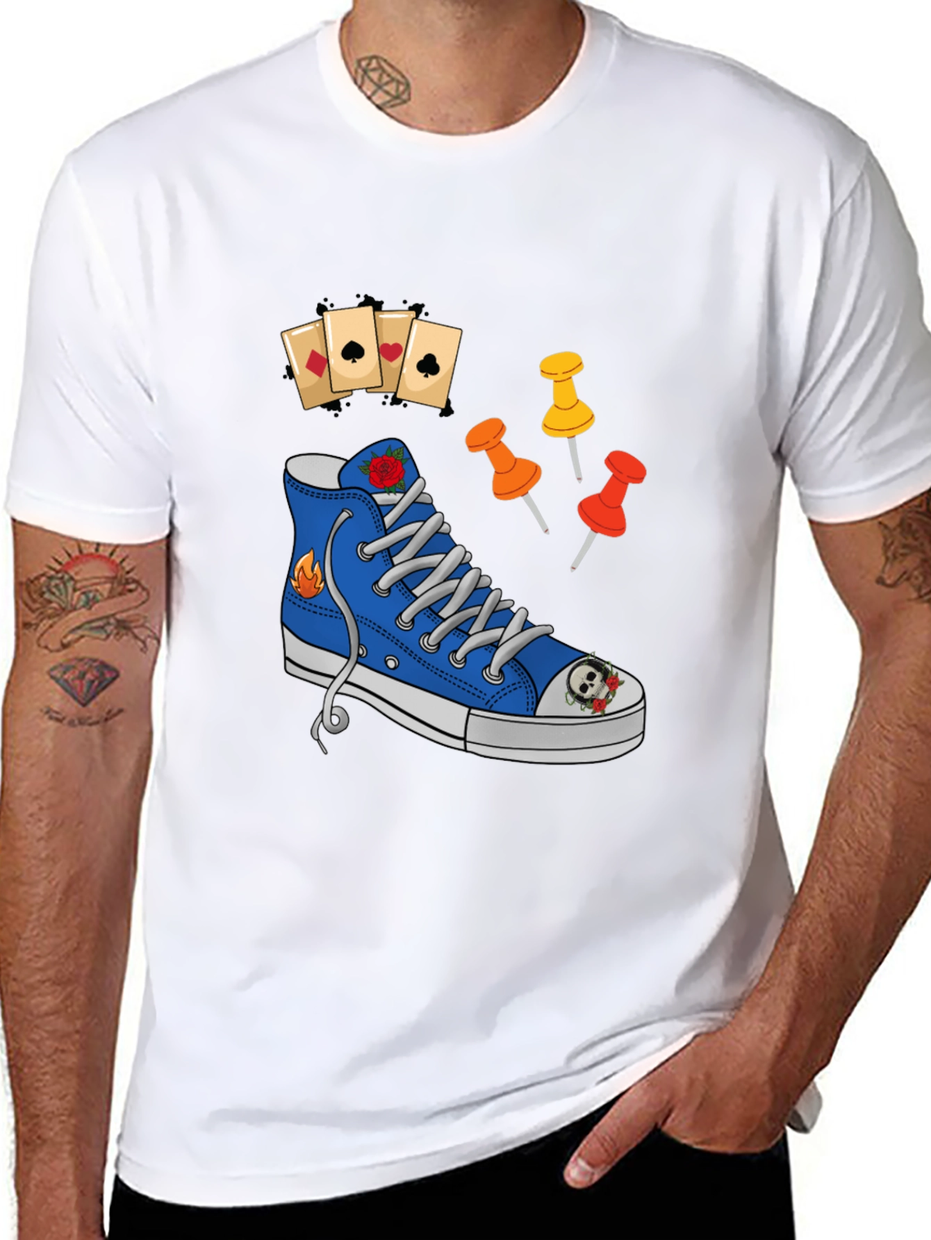 Graphic T-Shirt with Shoe and Playing Cards Design