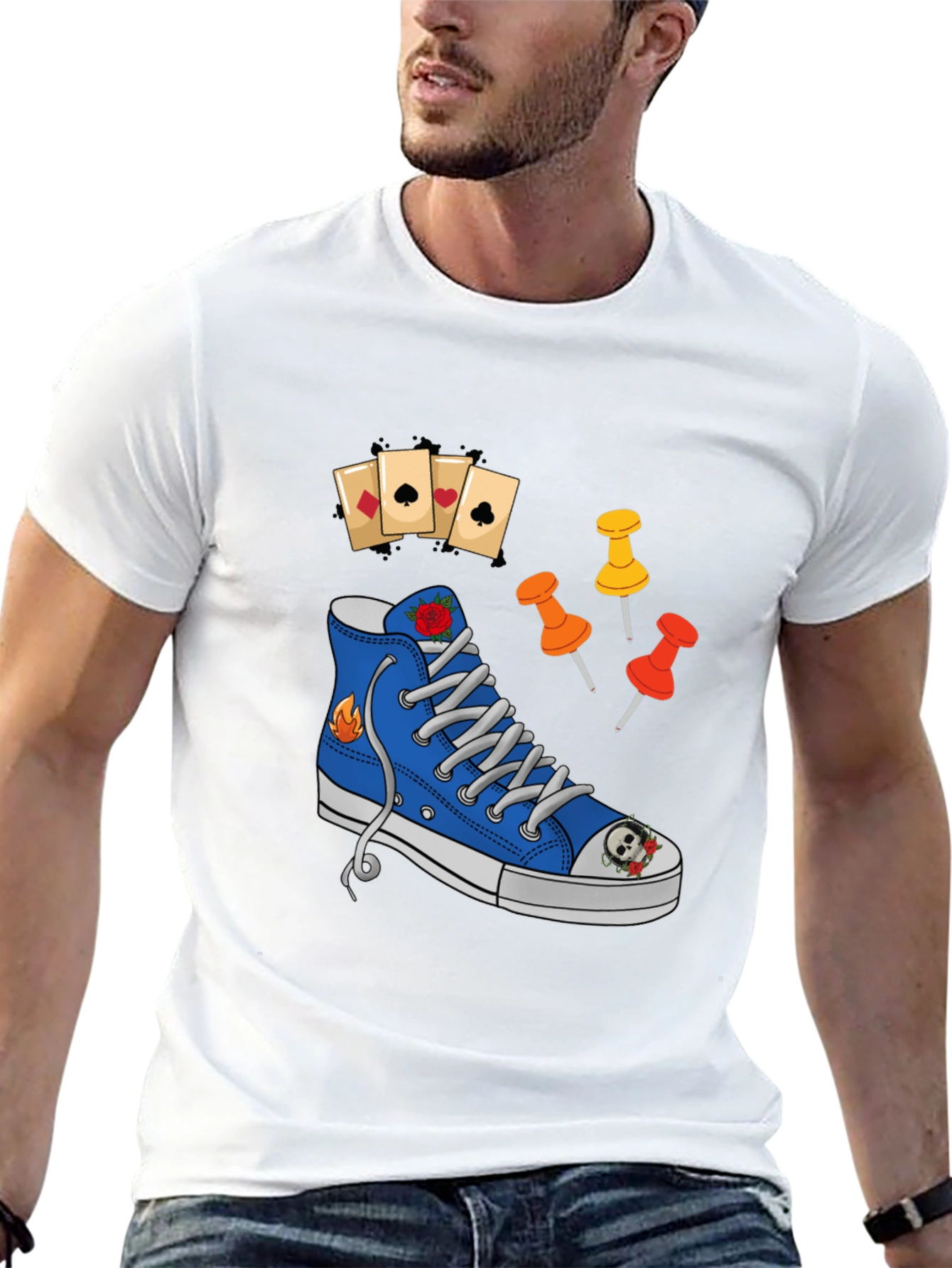 Graphic T-Shirt with Shoe and Playing Cards Design