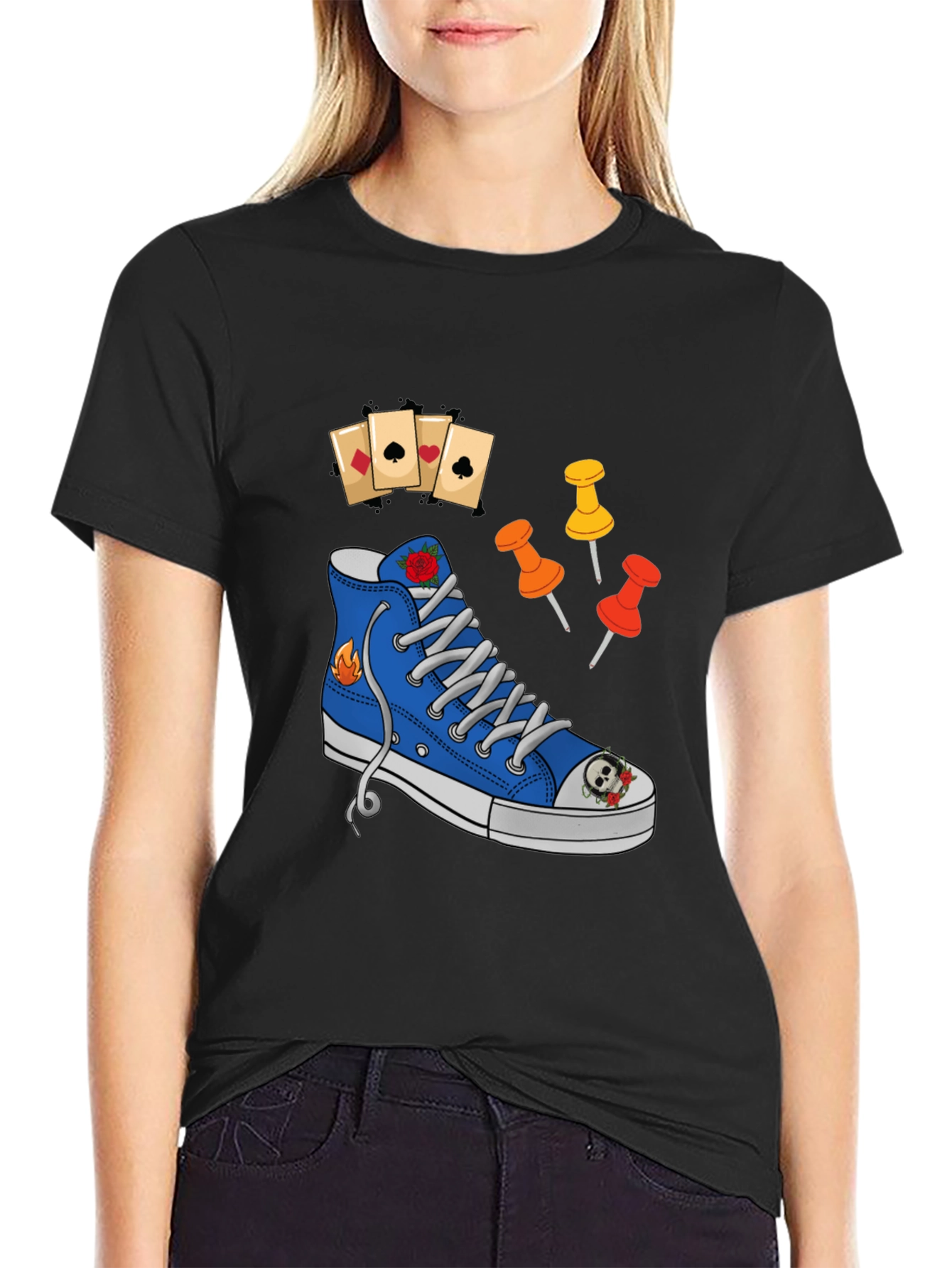 Graphic T-Shirt with Shoe and Playing Cards Design