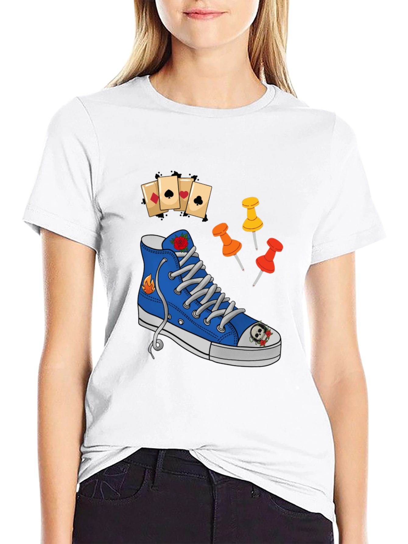 Graphic T-Shirt with Shoe and Playing Cards Design