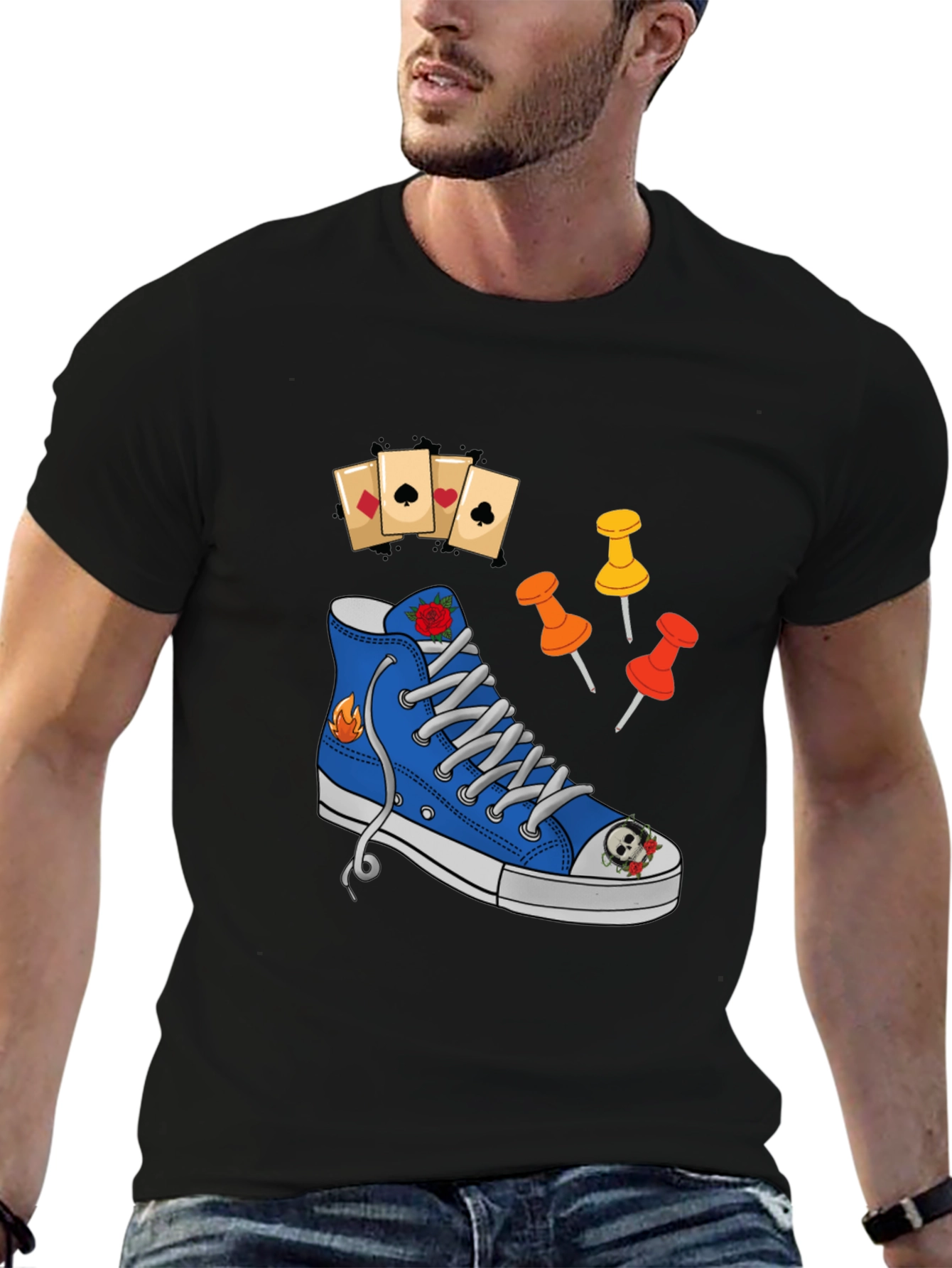 Graphic T-Shirt with Shoe and Playing Cards Design