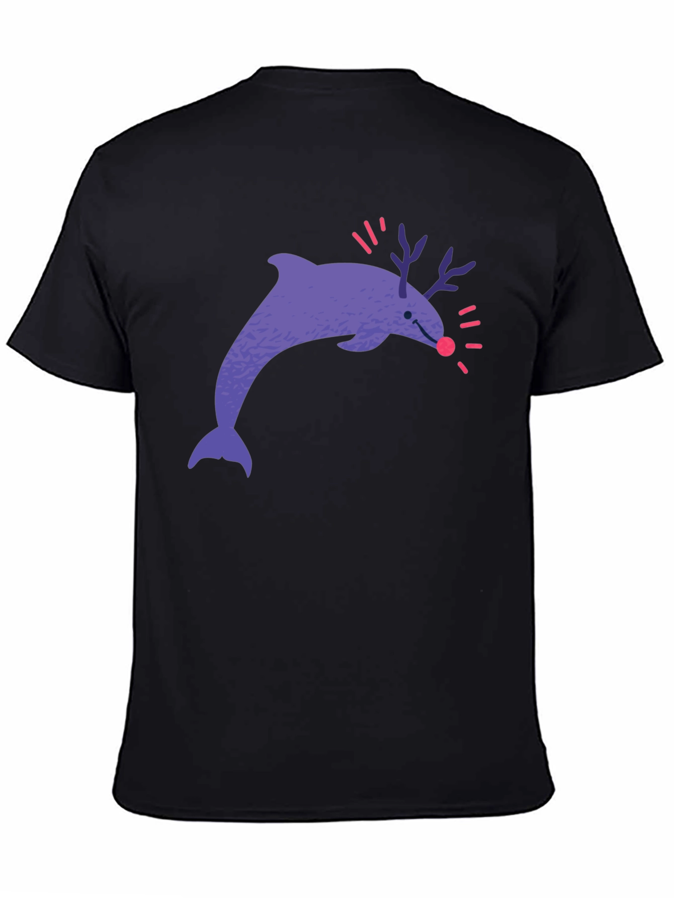 Funny Dolphin Reindeer Graphic Tee - Black Cotton T-Shirt