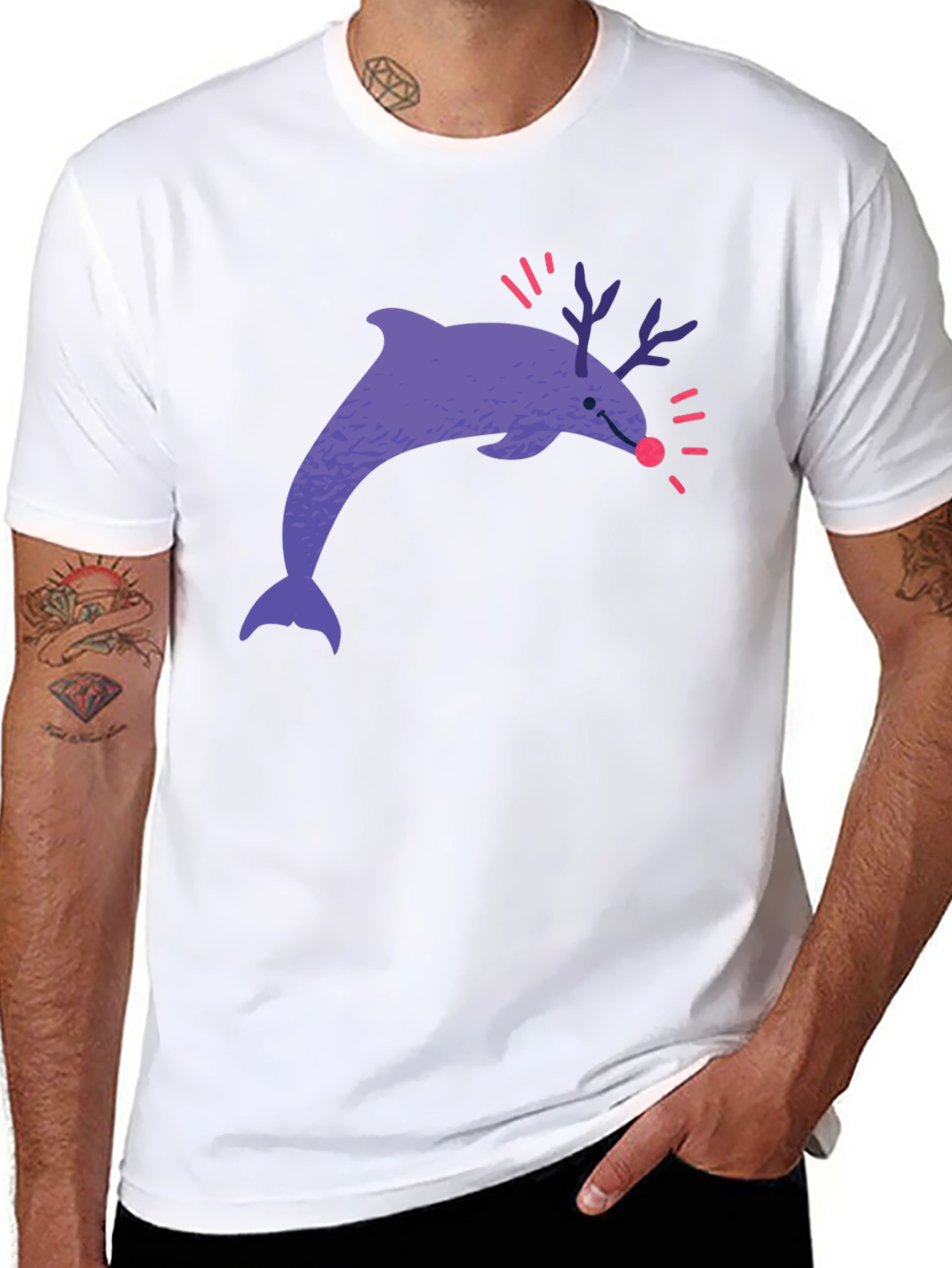 Funny Dolphin Reindeer Graphic Tee - Black Cotton T-Shirt