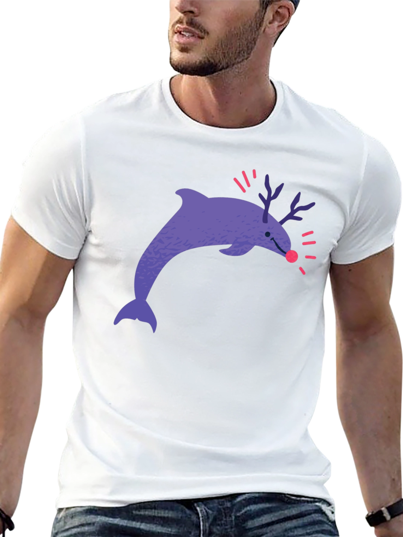Funny Dolphin Reindeer Graphic Tee - Black Cotton T-Shirt