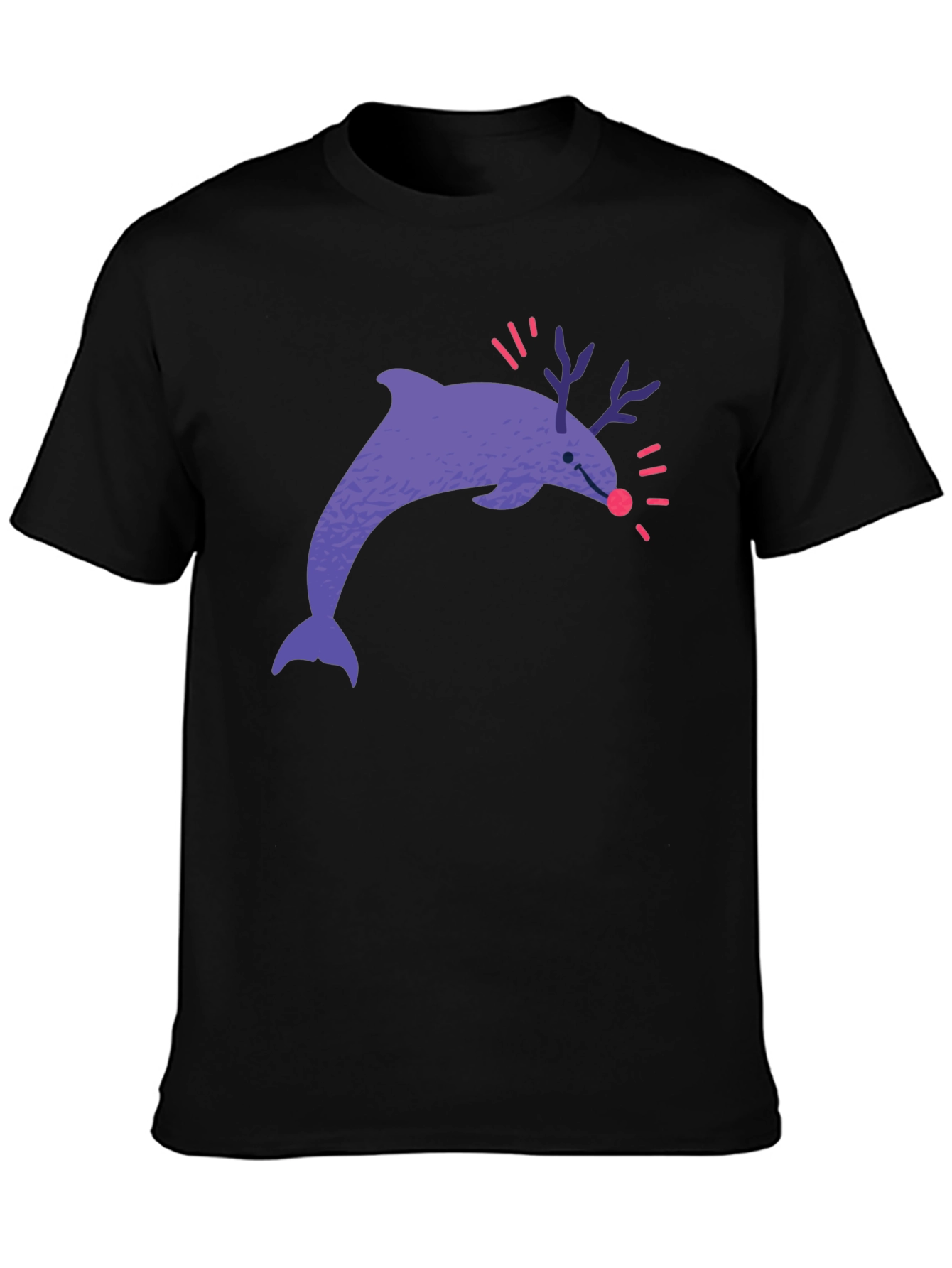Funny Dolphin Reindeer Graphic Tee - Black Cotton T-Shirt