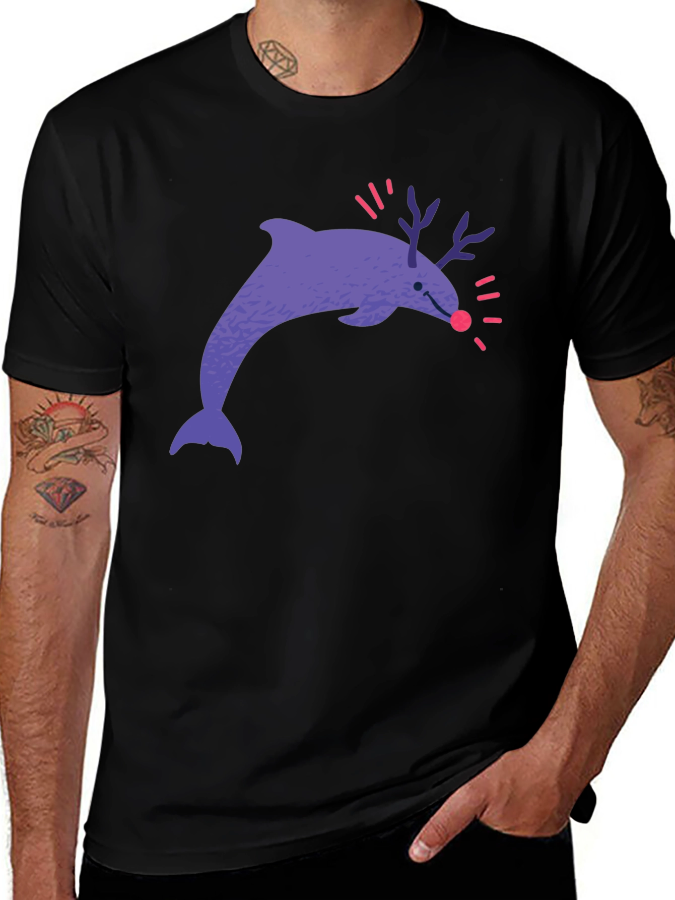 Funny Dolphin Reindeer Graphic Tee - Black Cotton T-Shirt