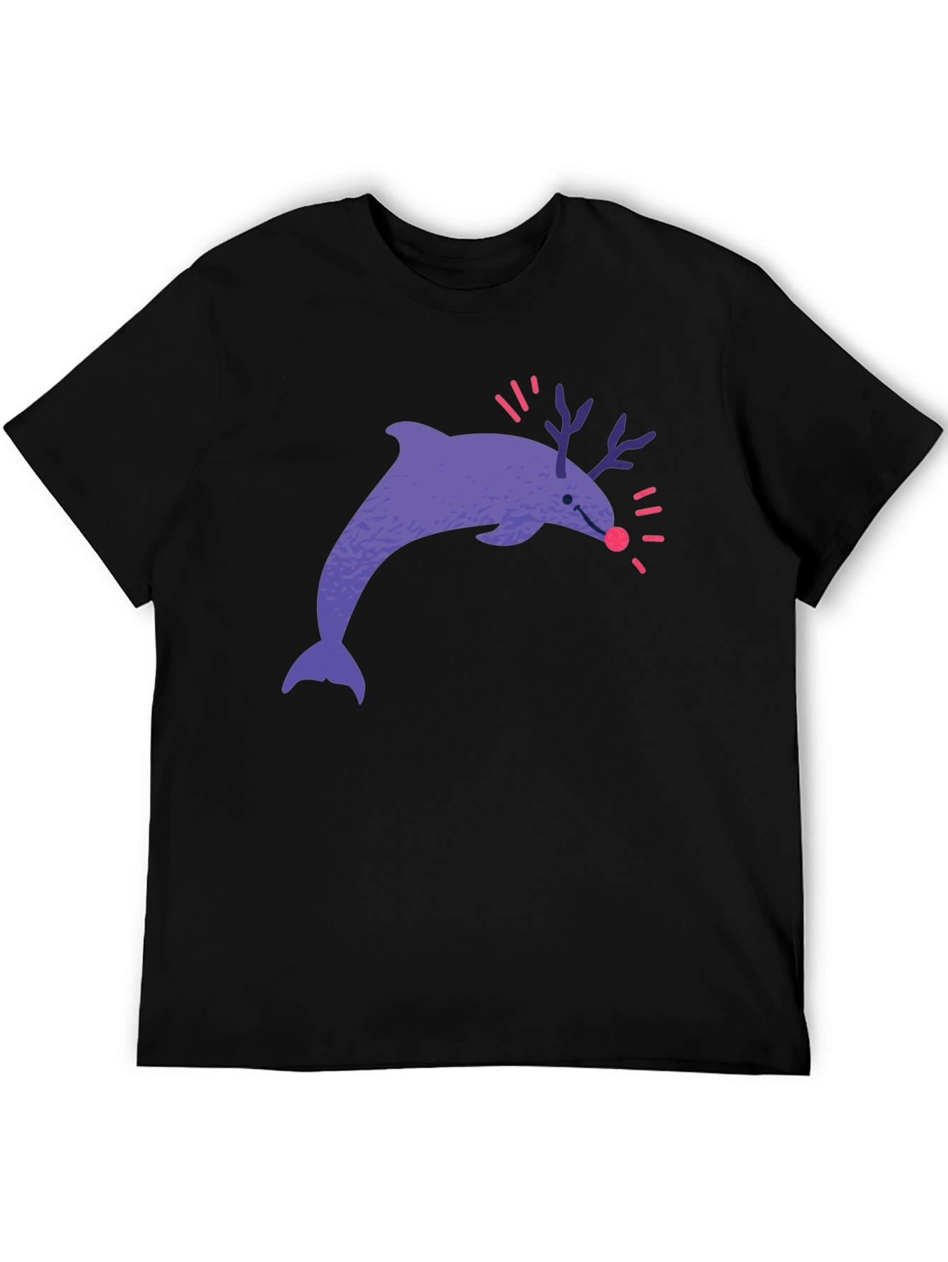 Funny Dolphin Reindeer Graphic Tee - Black Cotton T-Shirt