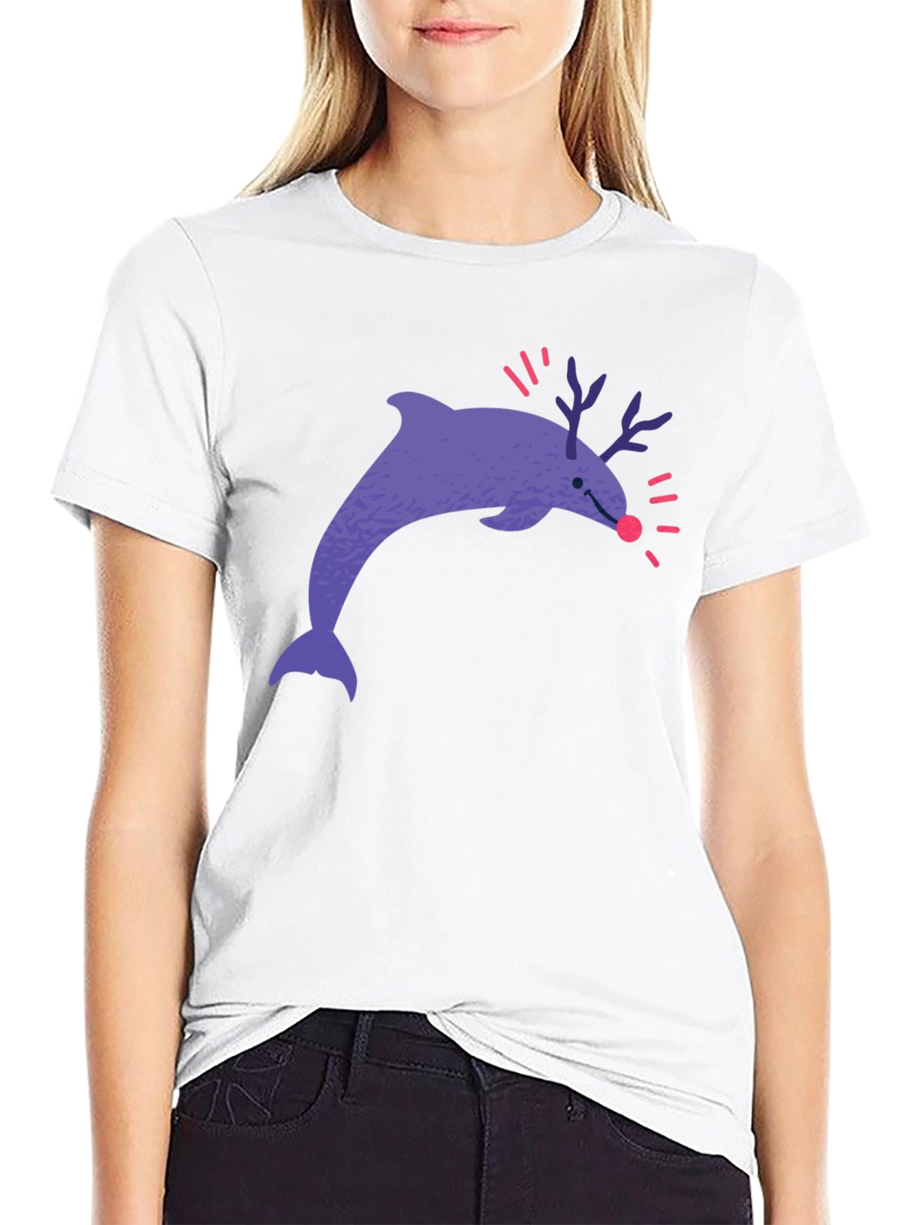 Funny Dolphin Reindeer Graphic Tee - Black Cotton T-Shirt