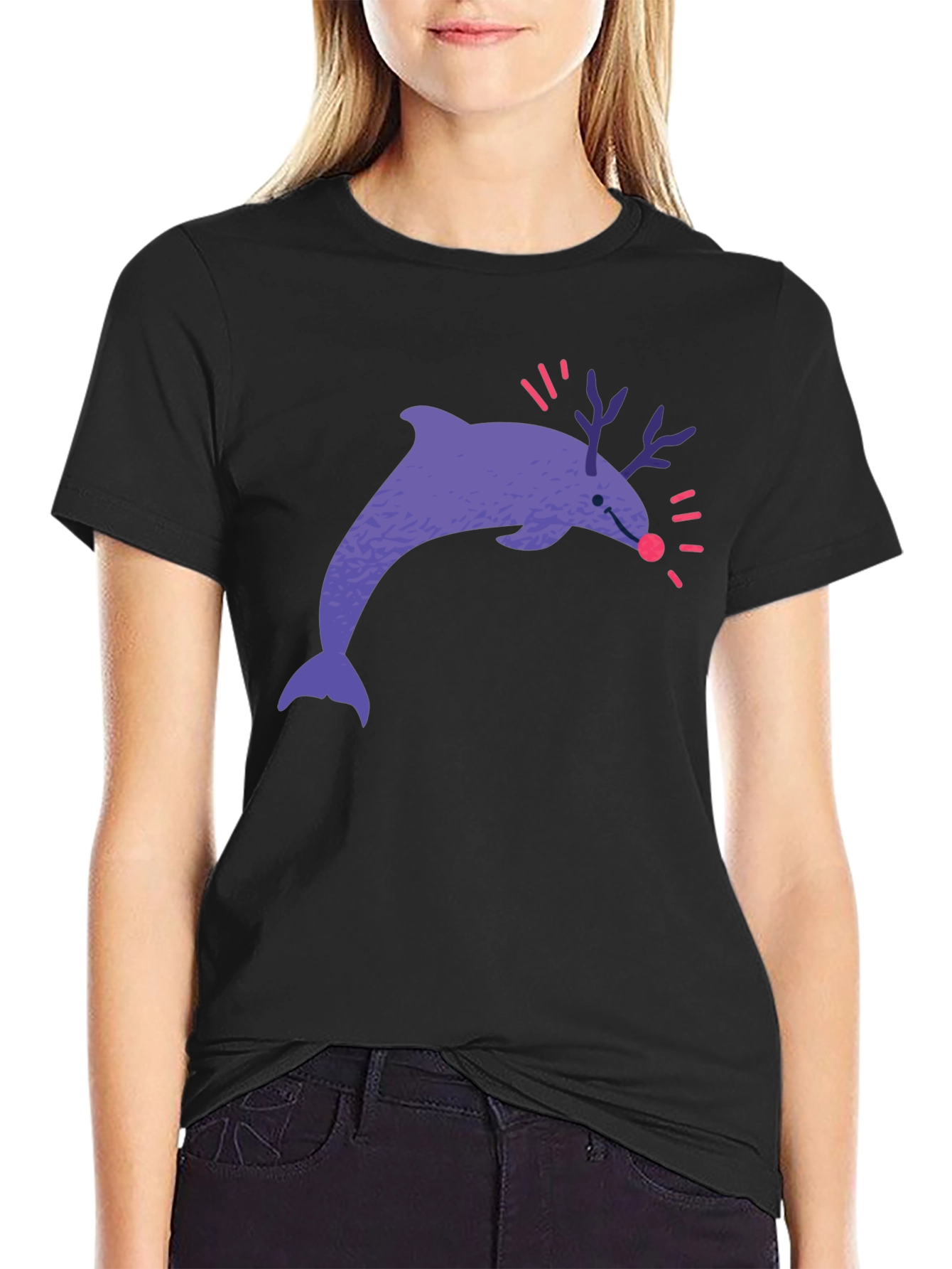 Funny Dolphin Reindeer Graphic Tee - Black Cotton T-Shirt