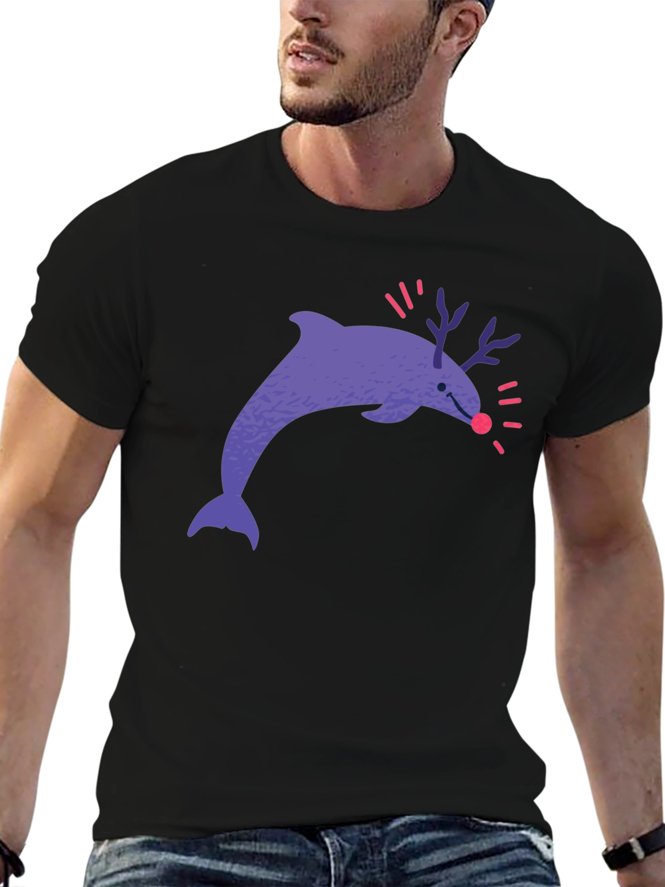 Funny Dolphin Reindeer Graphic Tee - Black Cotton T-Shirt