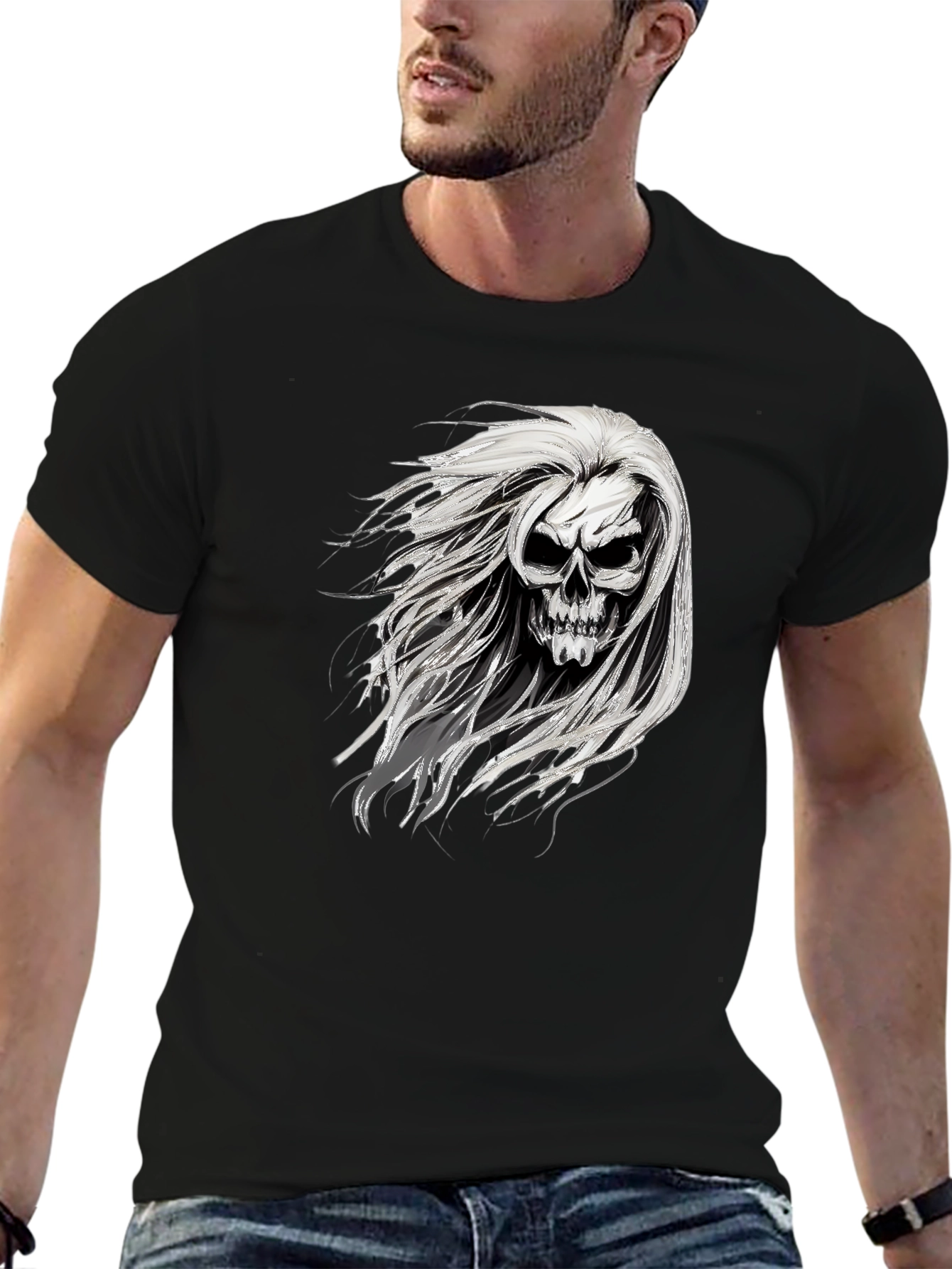 Skull with Hair Graphic Black T-Shirt