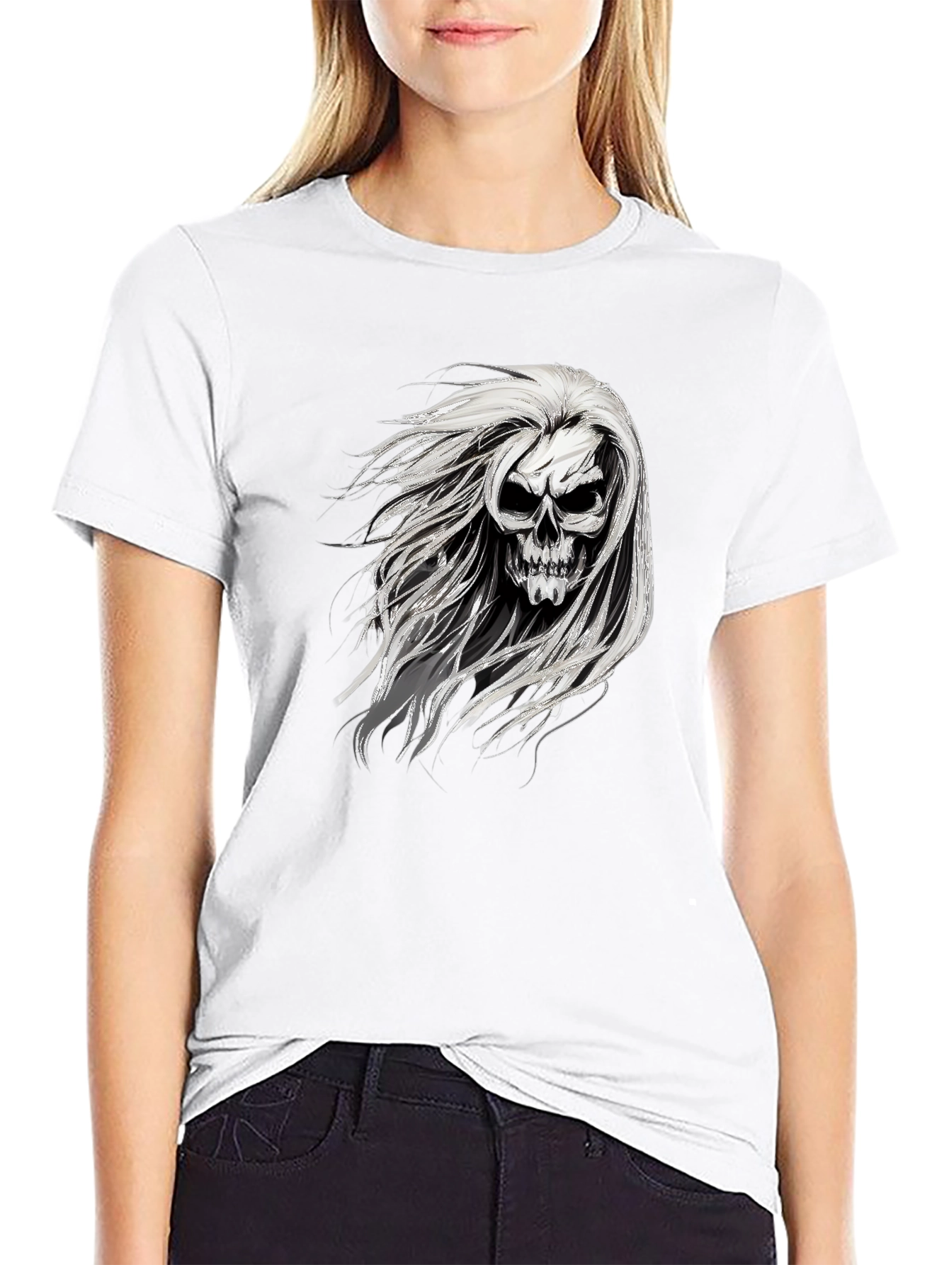 Skull with Hair Graphic Black T-Shirt