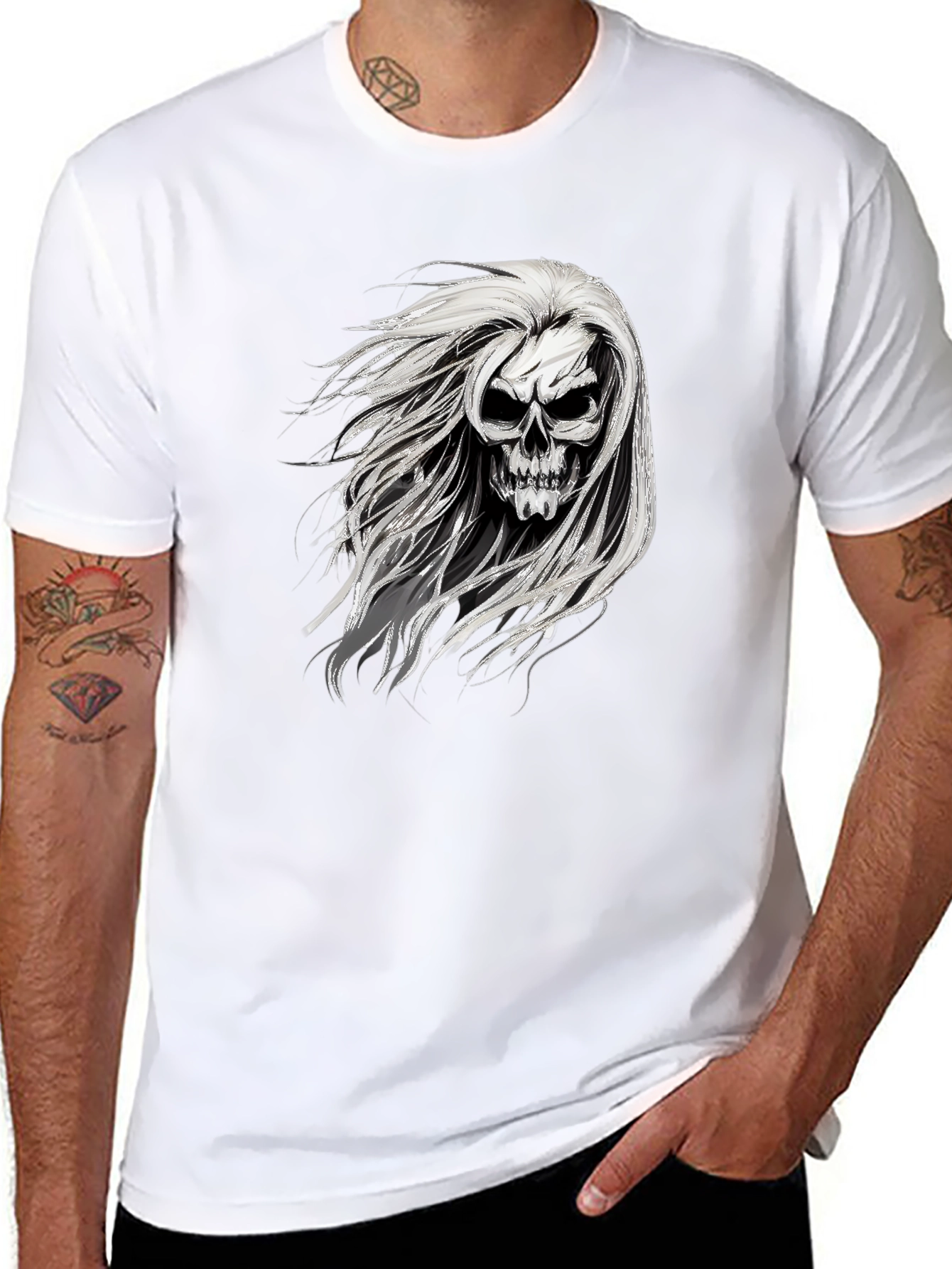 Skull with Hair Graphic Black T-Shirt