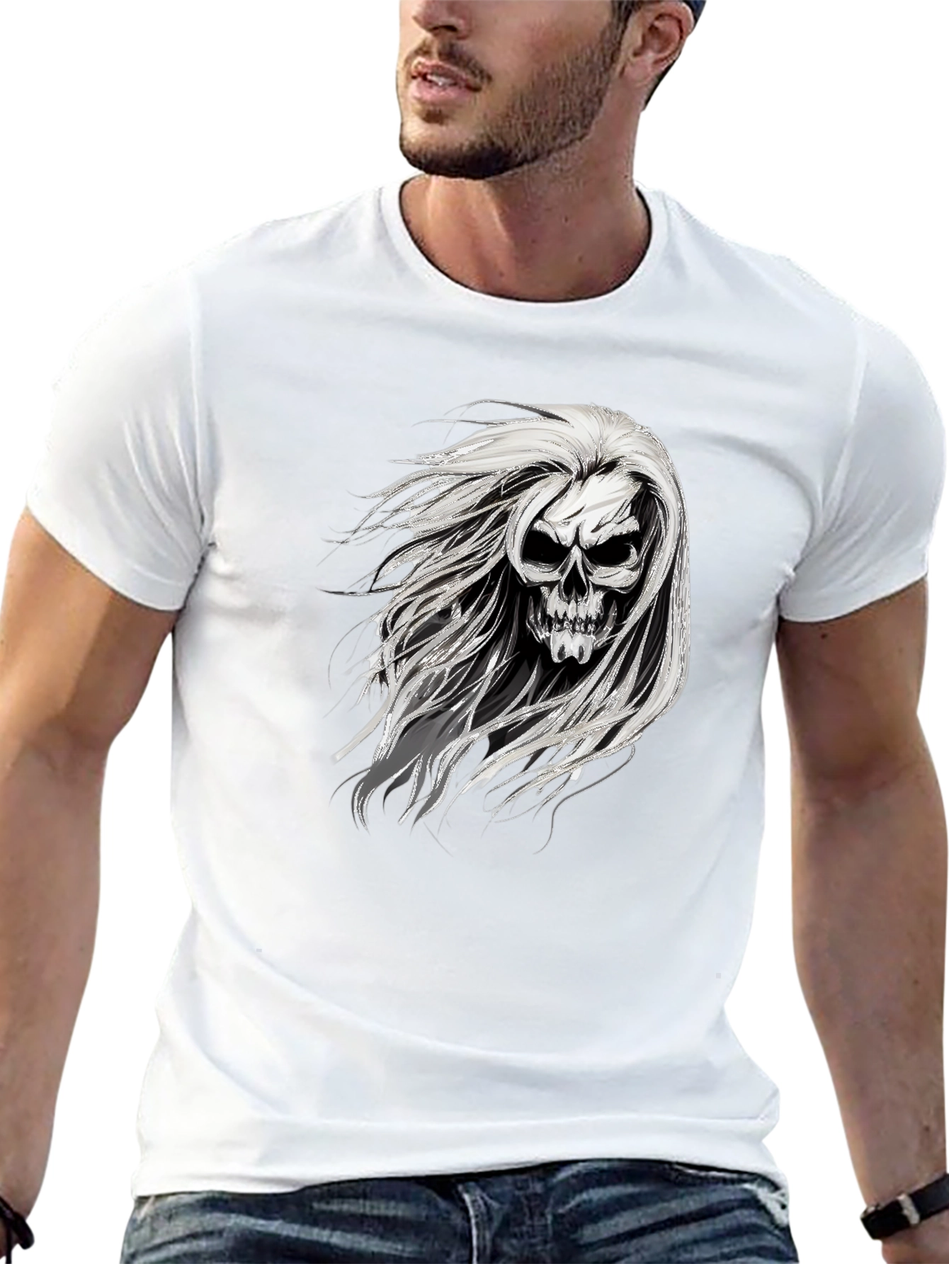 Skull with Hair Graphic Black T-Shirt