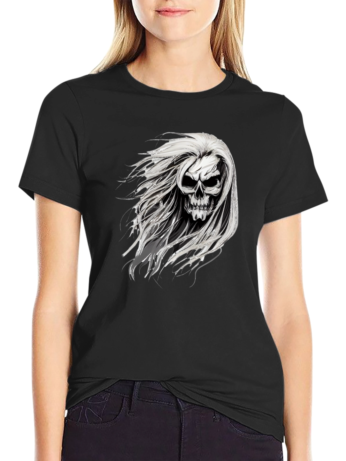 Skull with Hair Graphic Black T-Shirt