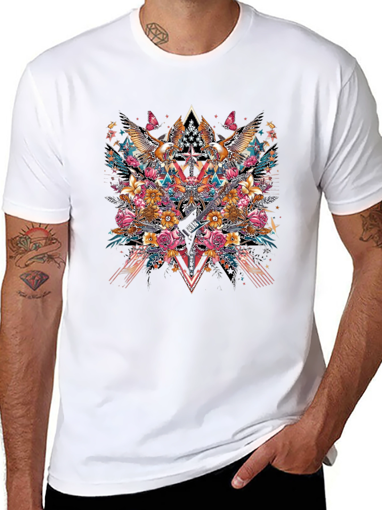 Floral Eagle Guitar Graphic Black T-Shirt