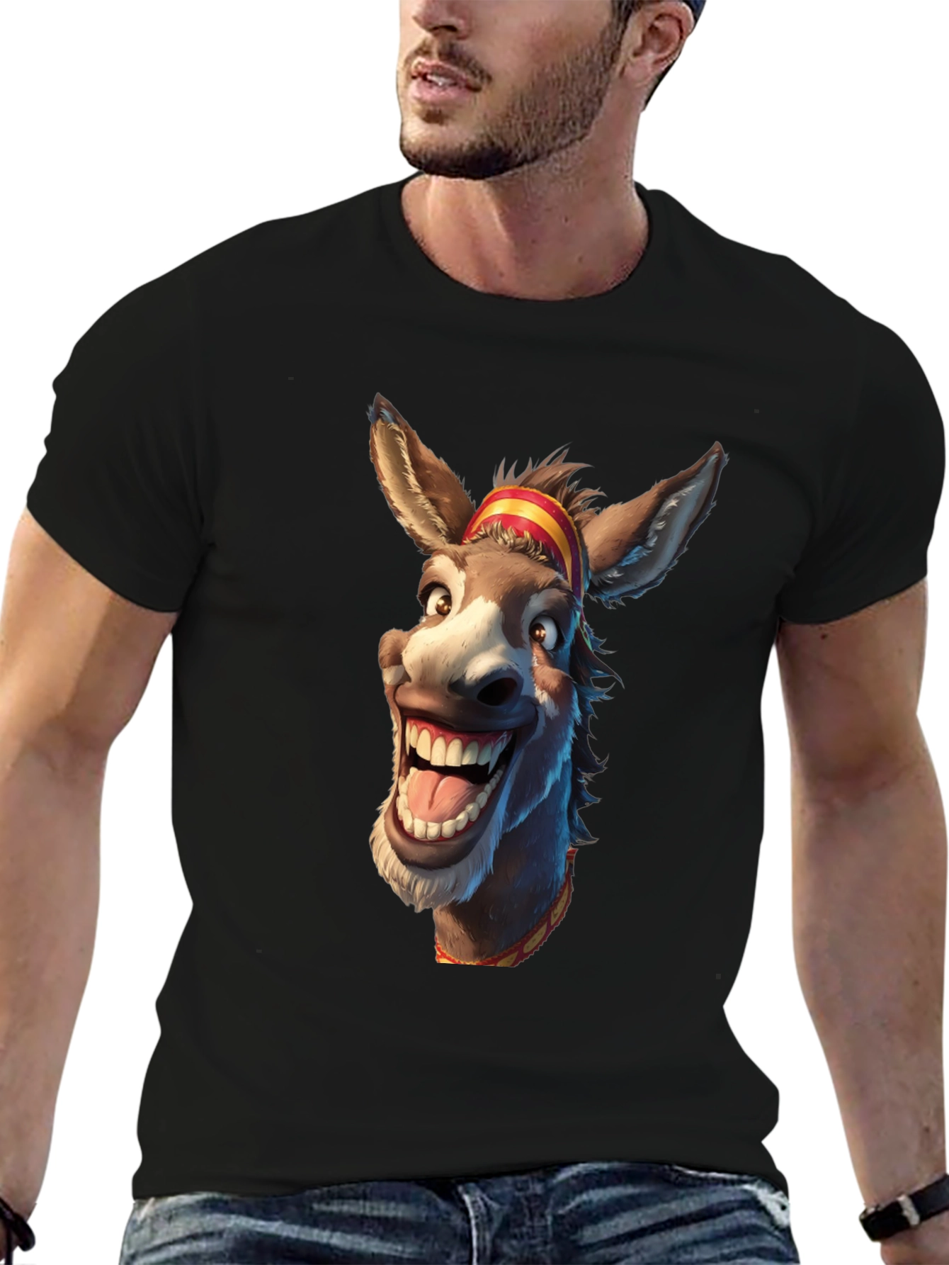 Funny Donkey Cartoon Graphic Print Black T-Shirt
