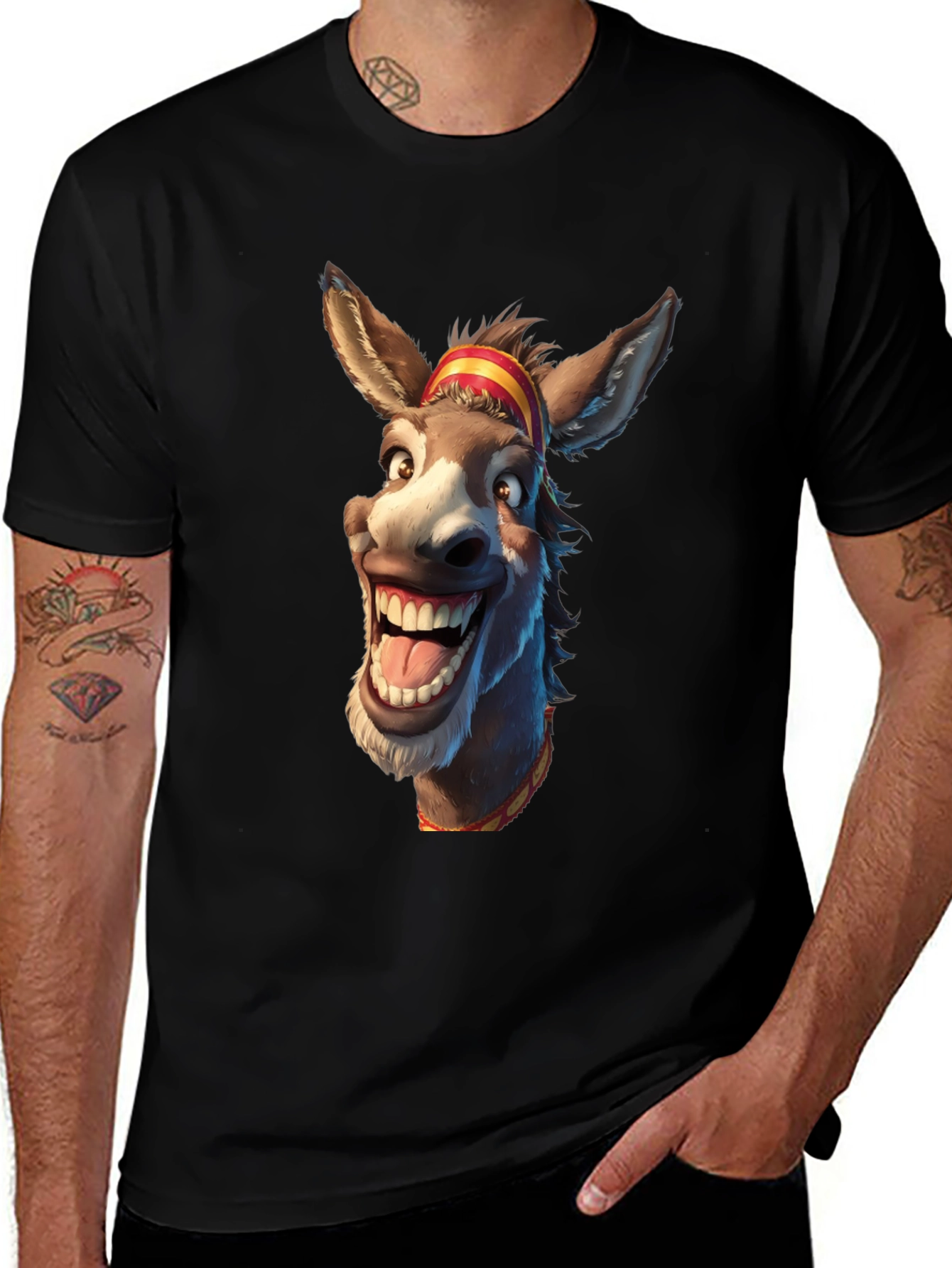 Funny Donkey Cartoon Graphic Print Black T-Shirt